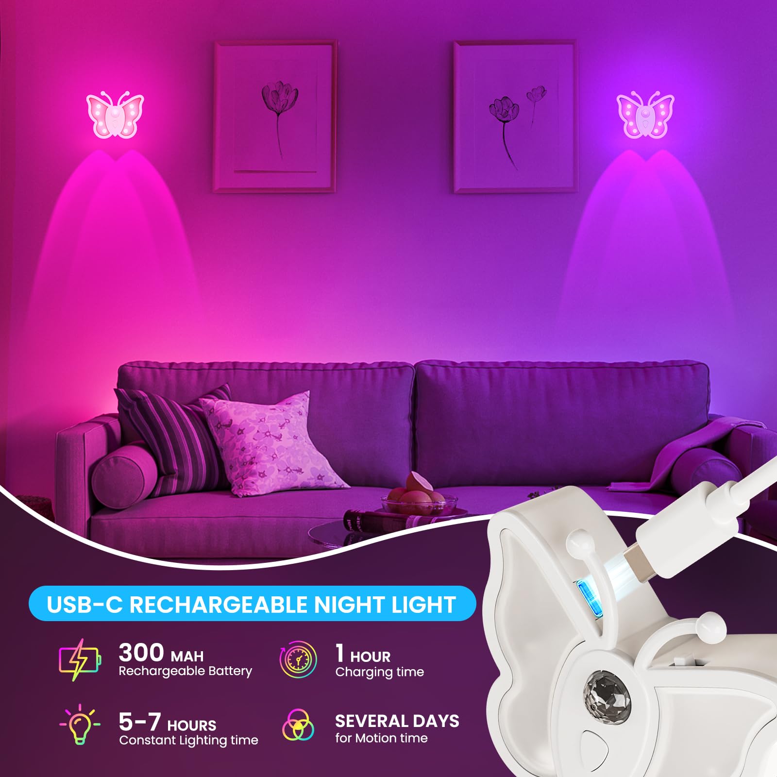 Loftek Rechargeable Motion Sensor Night Light, Dimmable, Portable, Black, 1 Pack, Acrylic, Butterfly Model