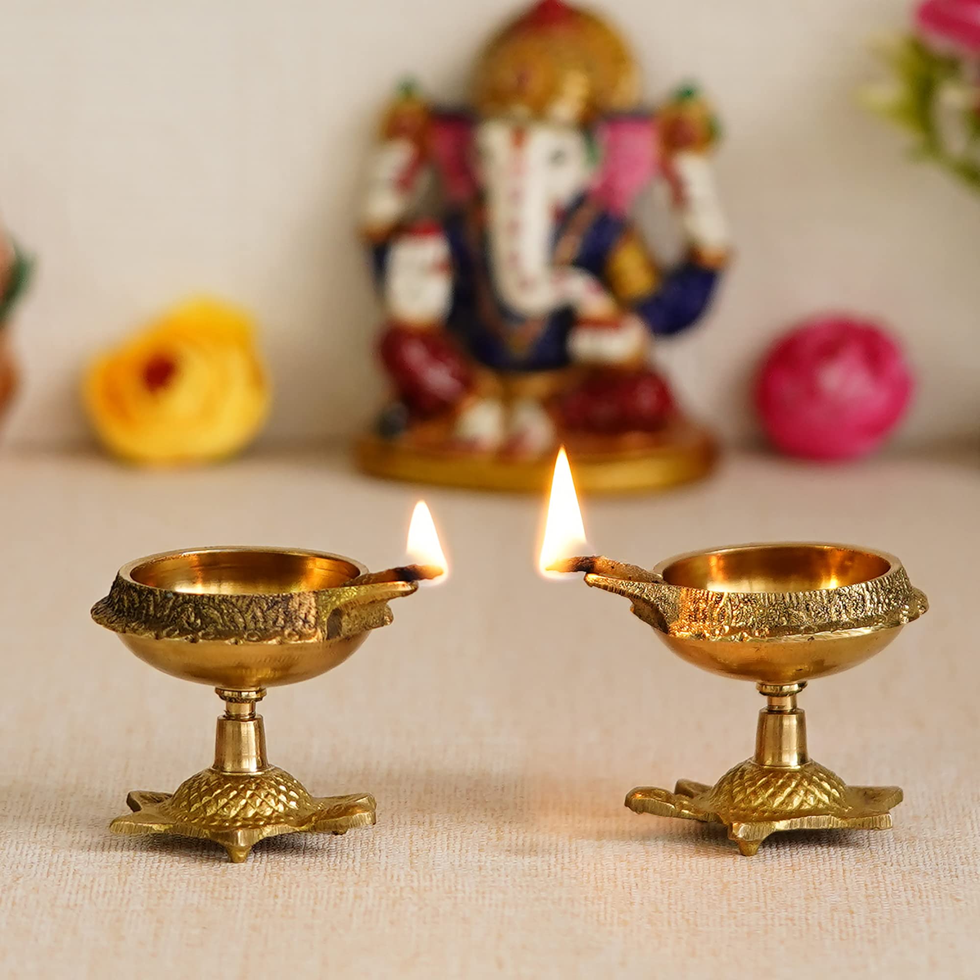eCraftIndia Set of 2 Golden Handcrafted Decorative Brass Diya with Tortoise Base - Auspicious Stylish Diyas for Puja Room, Home,