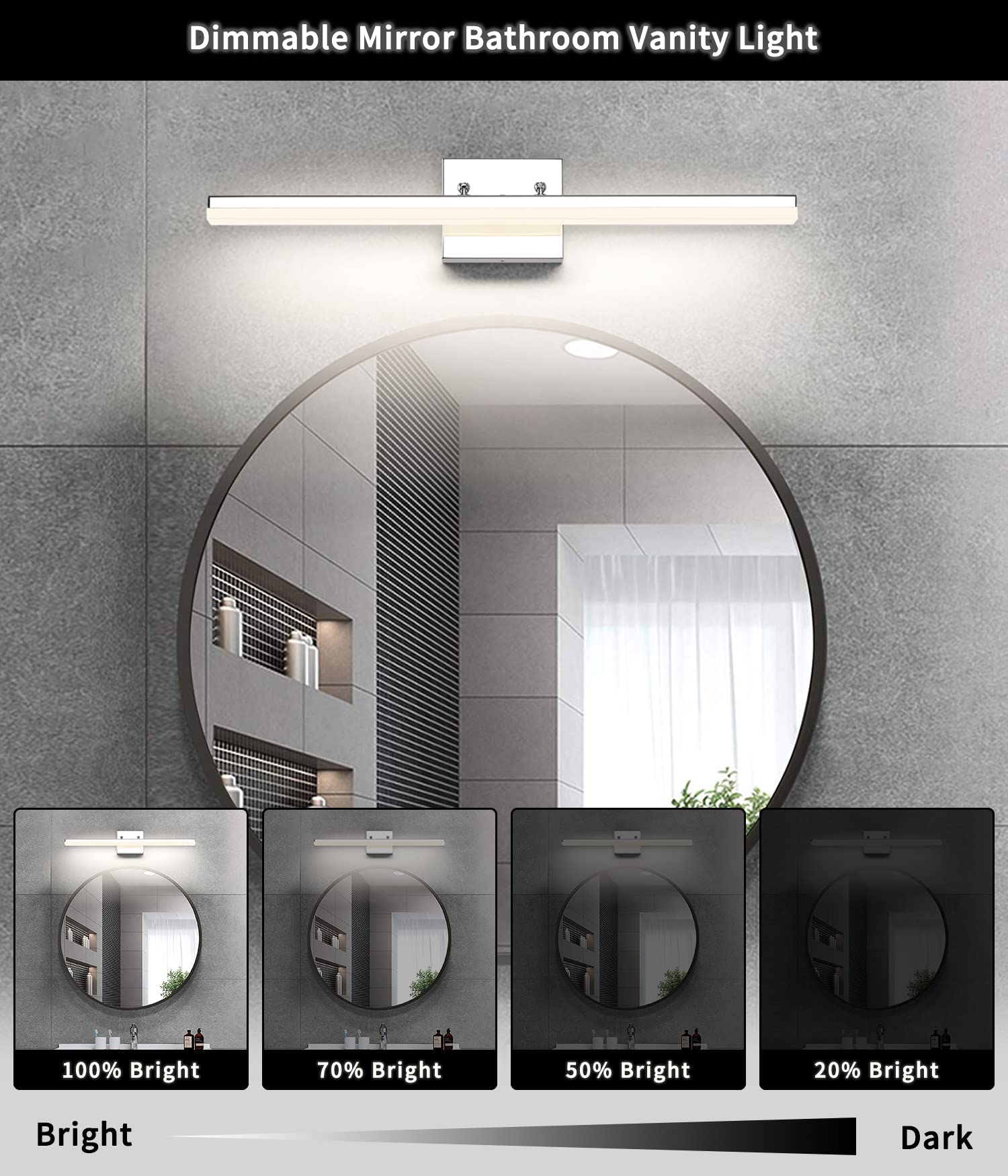 7Degobii 24in Bathroom Vanity Light Dimmable 14W LED Chrome Fixture - Model 7410-9W-BK, Adjustable 4000K