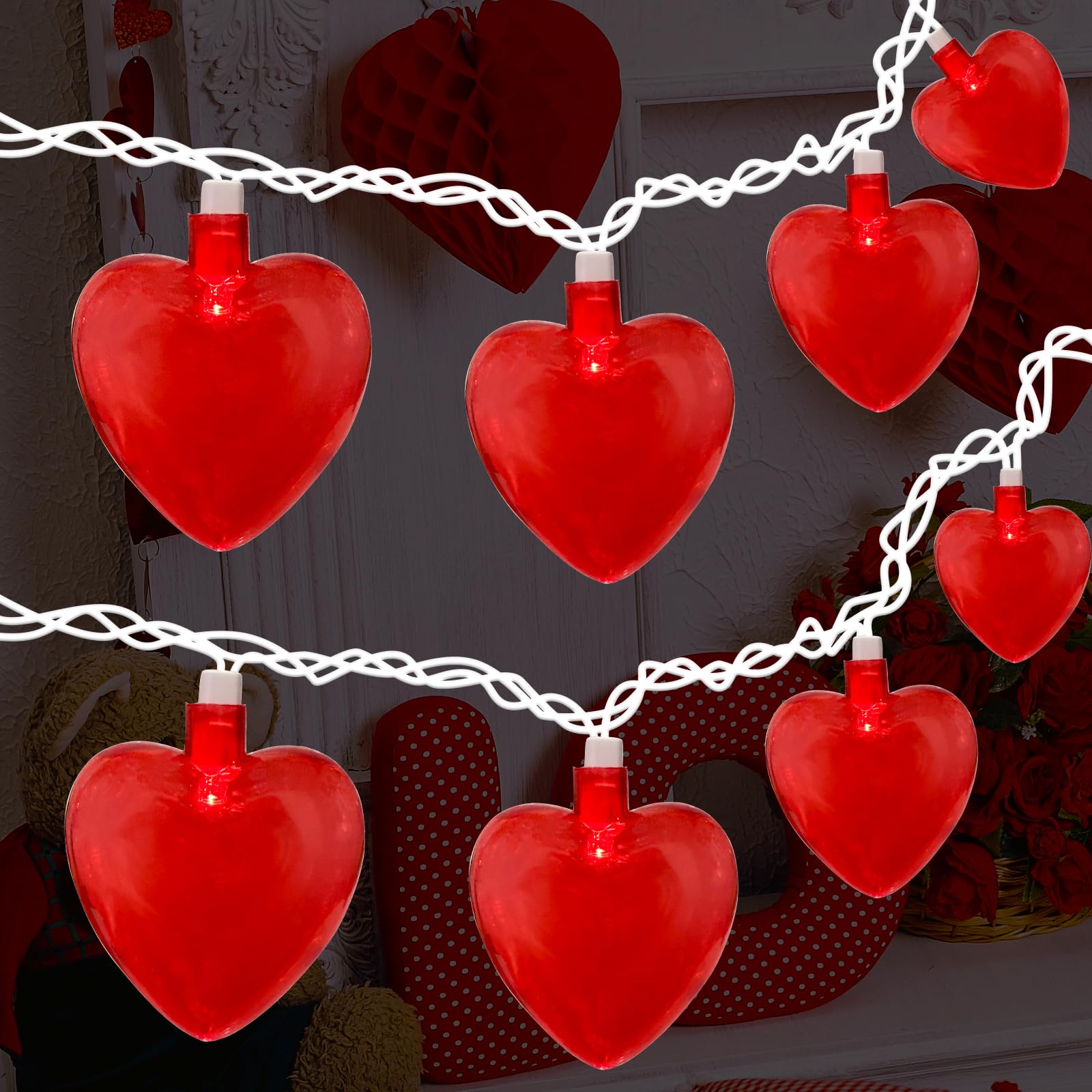 Oviejo 8.5Ft Red Heart String Lights, Decorations Lights with 10 Red Heart, Connectable Romantic Fairy Heart String Lights for G