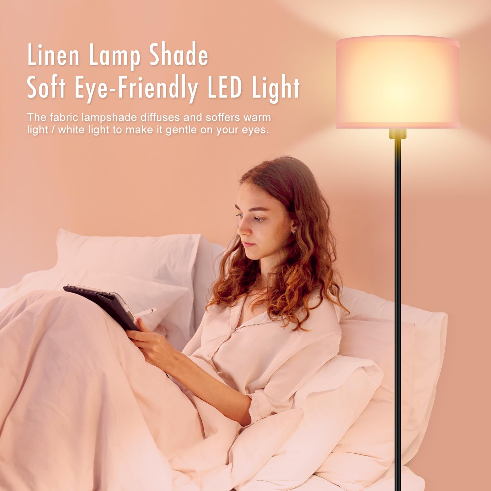 Auquee Floor Lamp Pink, Standing Lamp, Small Floor Lamps With Lampshade, 59'' Tall Lamps For Bedroom, Foot Switch, Simple Corner