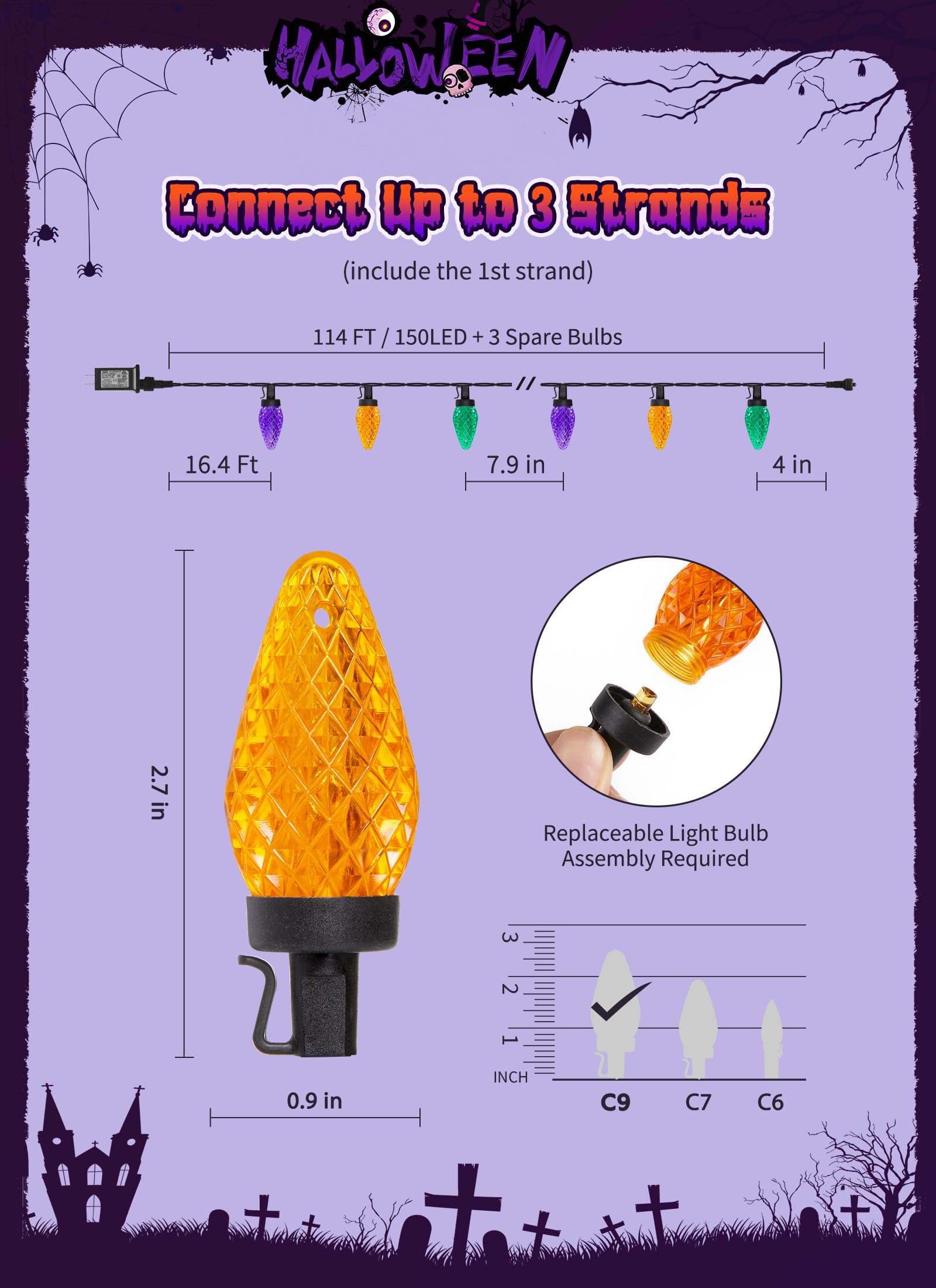 Brightown C9 Led String Lights  114Ft 150 Led Orange Purple And Green Christmas Lights With Timer & 8 Modes  Plug-In Waterproof Outdoor Lighting For Halloween House Patio Yard Porch Roof