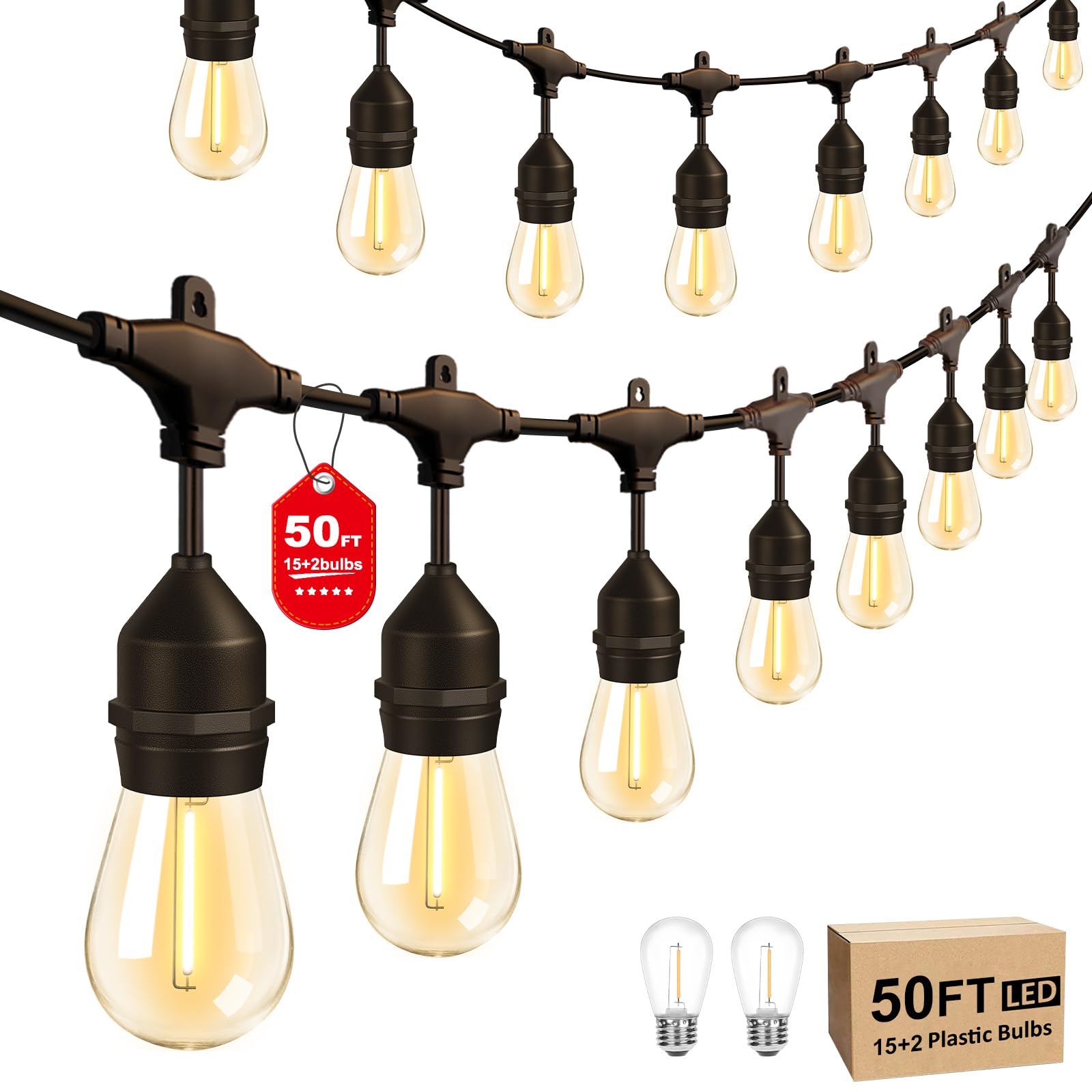Porbench 50FT LED Outdoor String Lights with 15+2 Shatterproof Bulbs  IP65 Waterproof  Commercial Grade Patio String Lights for Outside Porch Backyard Garden Deck Decor  2700K Dimmable