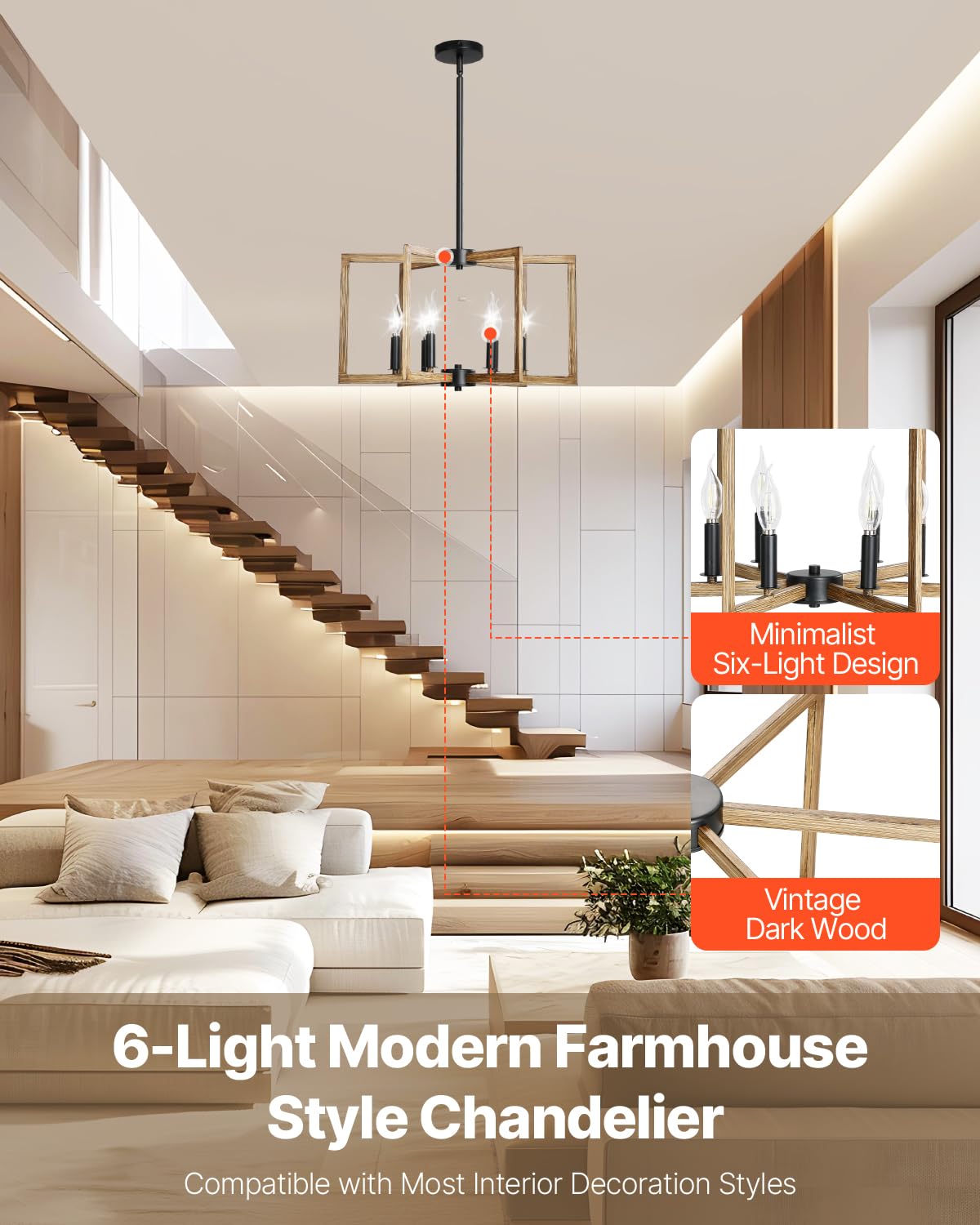 VEVOR 6-Light Chandelier, Adjustable Height, Iron, Black + Dark Wood, Model BK9021-6, Modern Farmhouse Design for Dining Room, Living Room, Kitchen