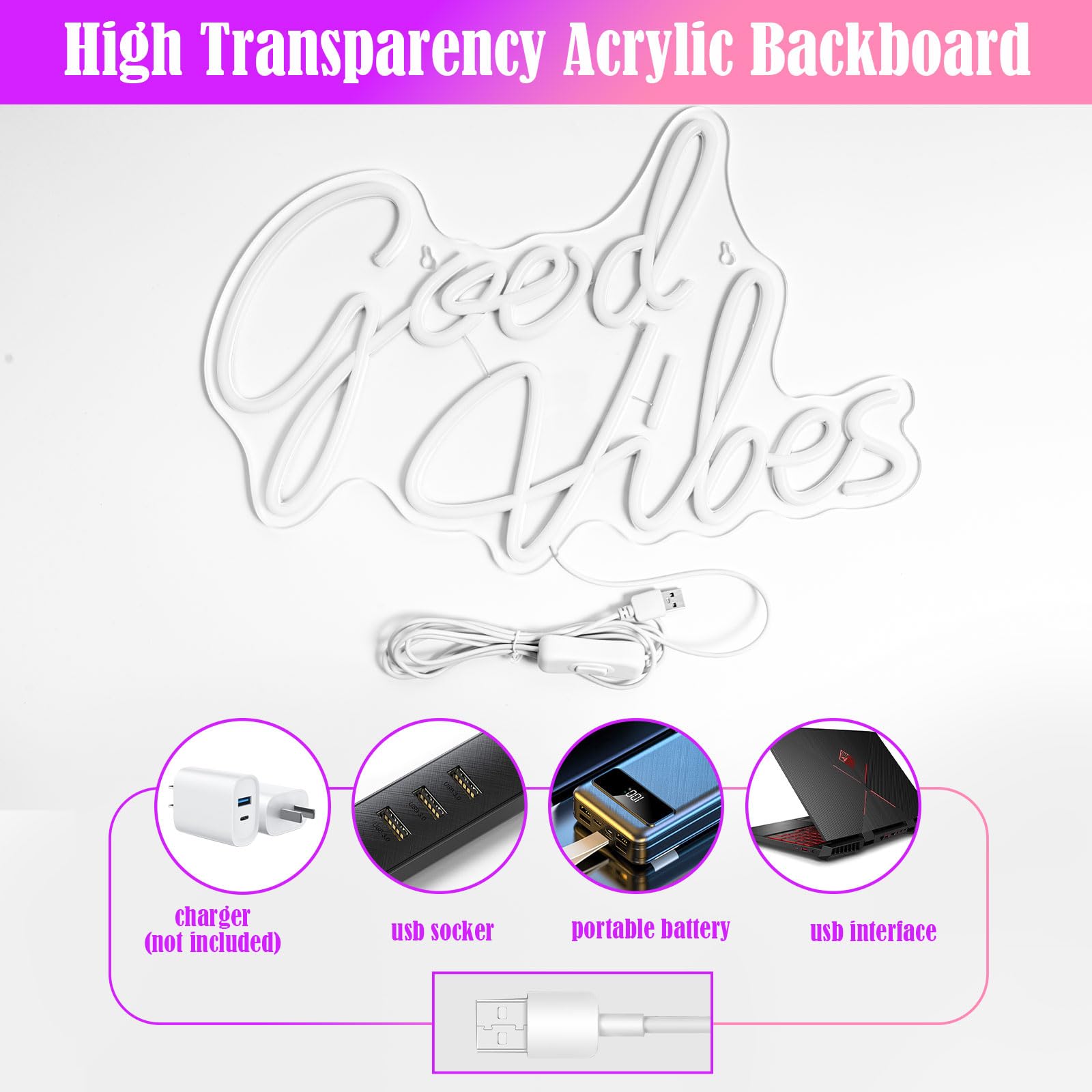 Gevbay Neon Sign LED Wall Decor Light, Pink Acrylic, Model GC-2401023-2, USB Powered, Reusable for Bedroom or Party