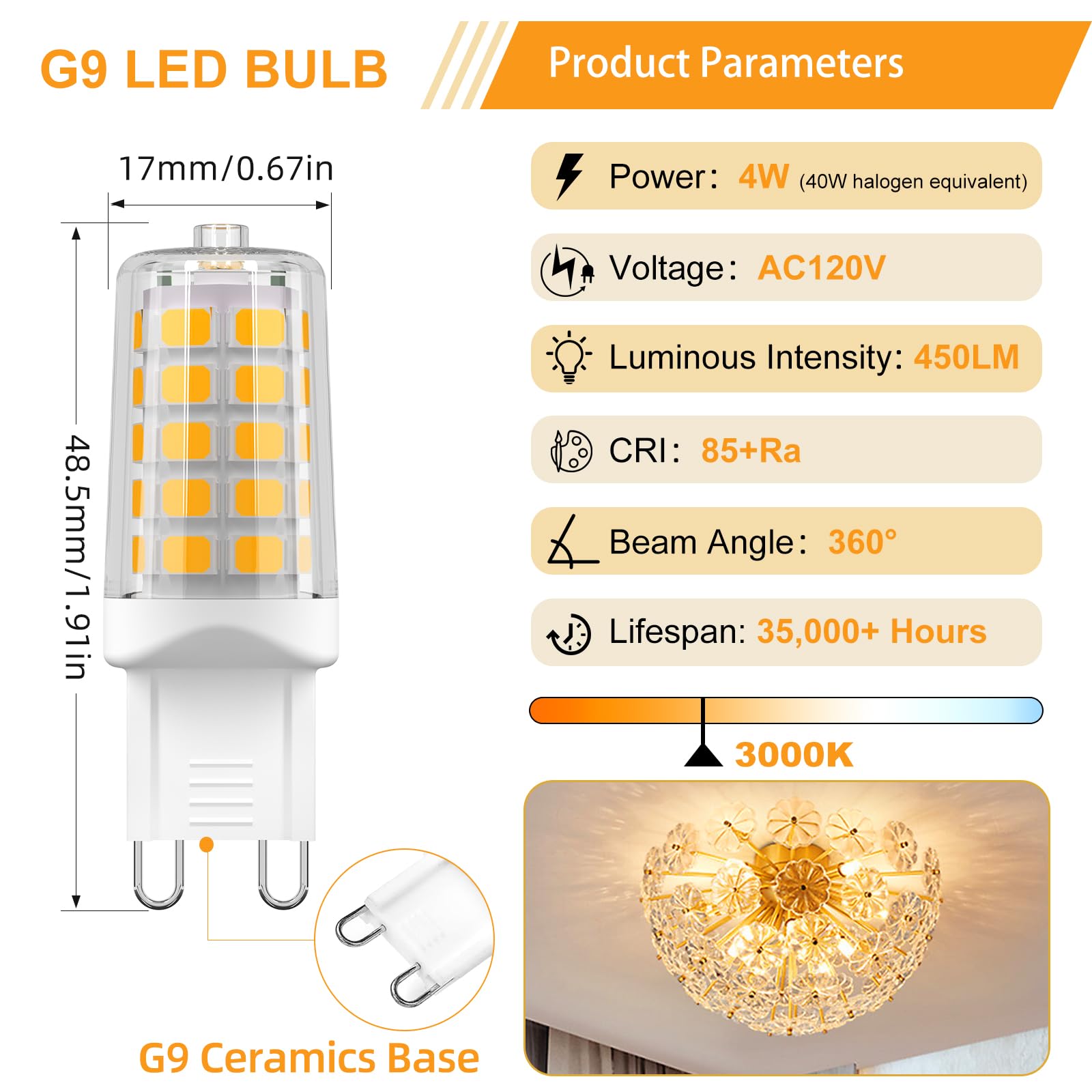 Baoming G9 Led Bulb 4W  40 Watt T4 G9 Base Halogen Equivalent  3000K Soft Warm White  120V No-Flicker  Chandelier Lighting Non-Dimmable 450Lm (12 Pack)
