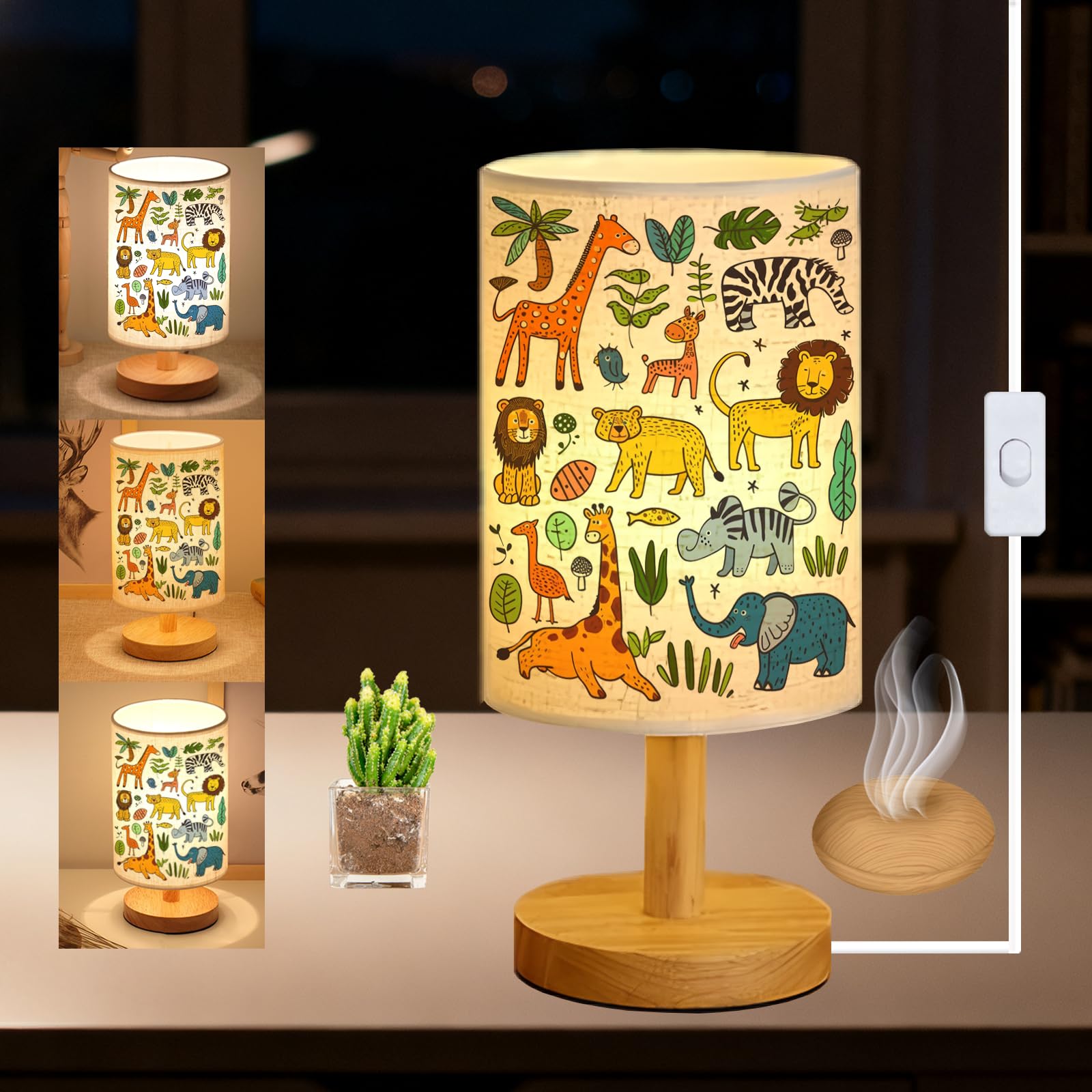 Animal Kids Bedside Table Lamp for Bedroom  3 Colors Nightstand Light Lamp with Wood Base Round Flaxen Fabric Shade Desk Reading Lamp for Girls Boys Room Decor  Animal Nursery Stuff Girls Gifts
