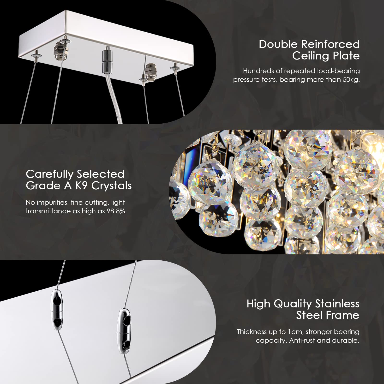 Siljoy Modern Rectangular Crystal Chandelier, 47'' Rectangle Raindrop Hanging Ceiling Pendant Light Fixture Adjustable Height Fo