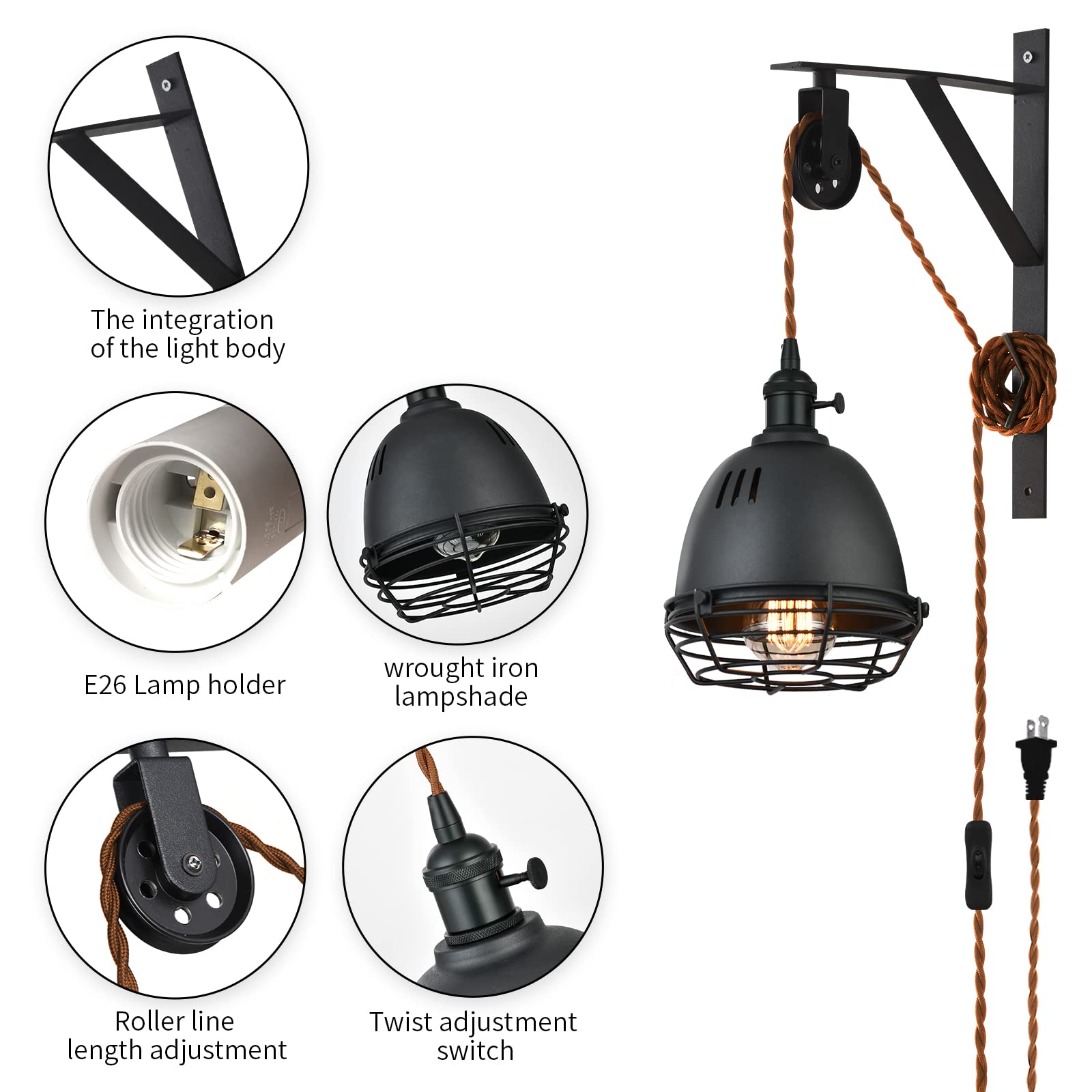 Seeblen Vintage Design Industrial Wheel Farmhouse Wall Mount Pulley Wall Pendant Lamp With 7-Foot Brown Plug And Switch, Adjusta