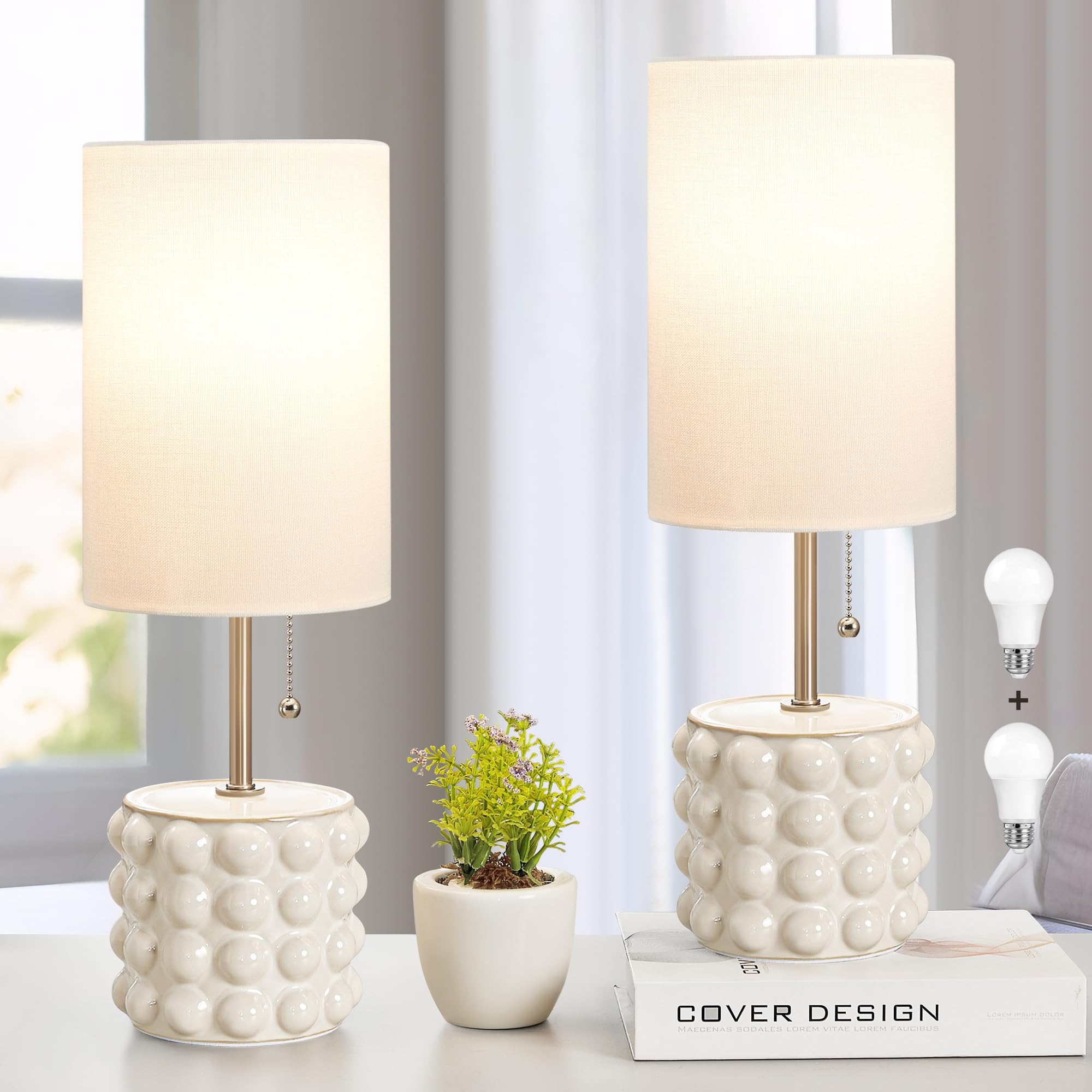 GyroVu Ceramic Table Lamp Set of 2, Small Bedside Table Lamps, Modern Pull Chain Nightstand Lamps with Fabric Shade, White Desk 