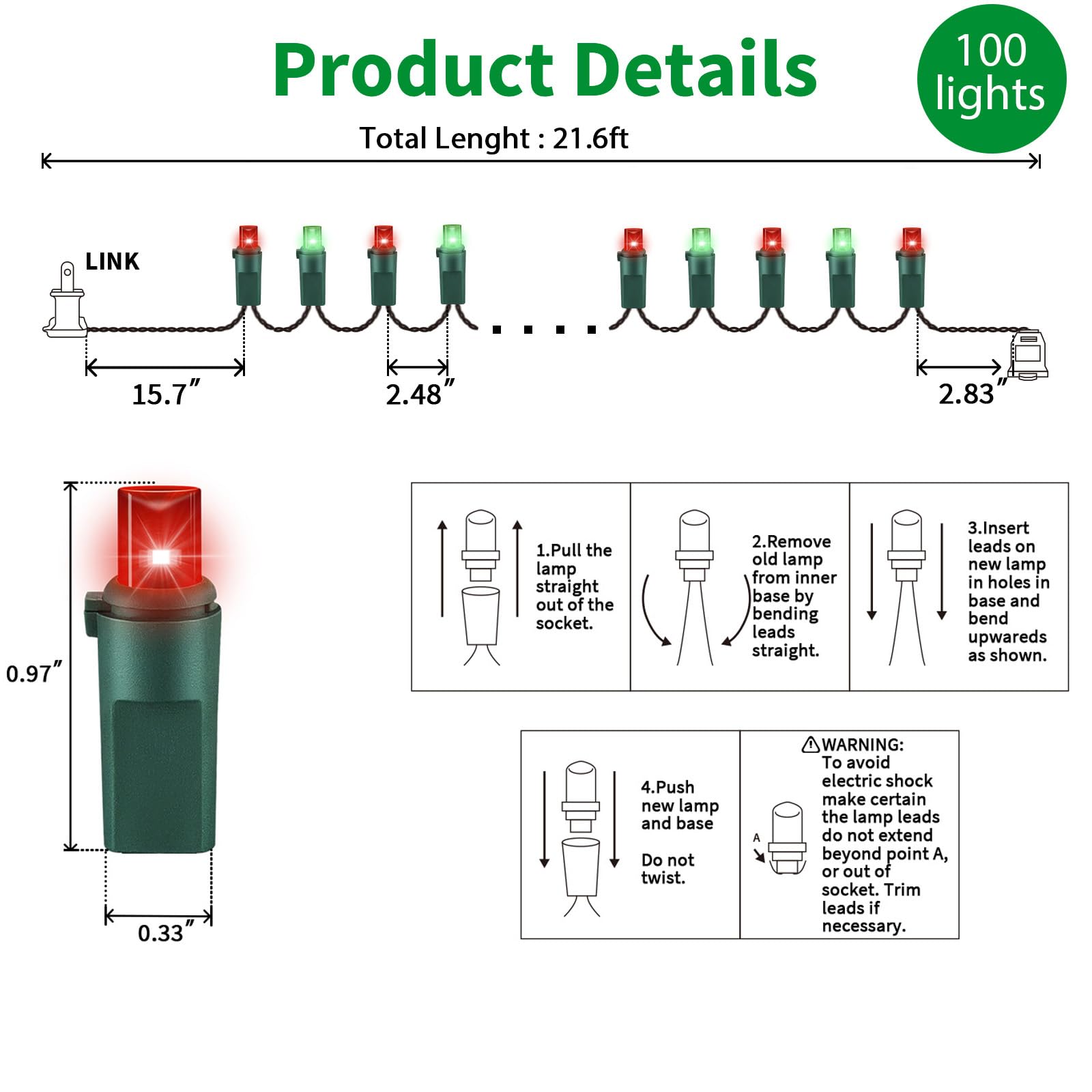 Lamphome 100 Count Red And Green - String Lights - 21.6Ft Led Christmas Lights, Mini Led Lights For Indoor Outdoor Home Holiday Party Wedding Independence Day Decoration