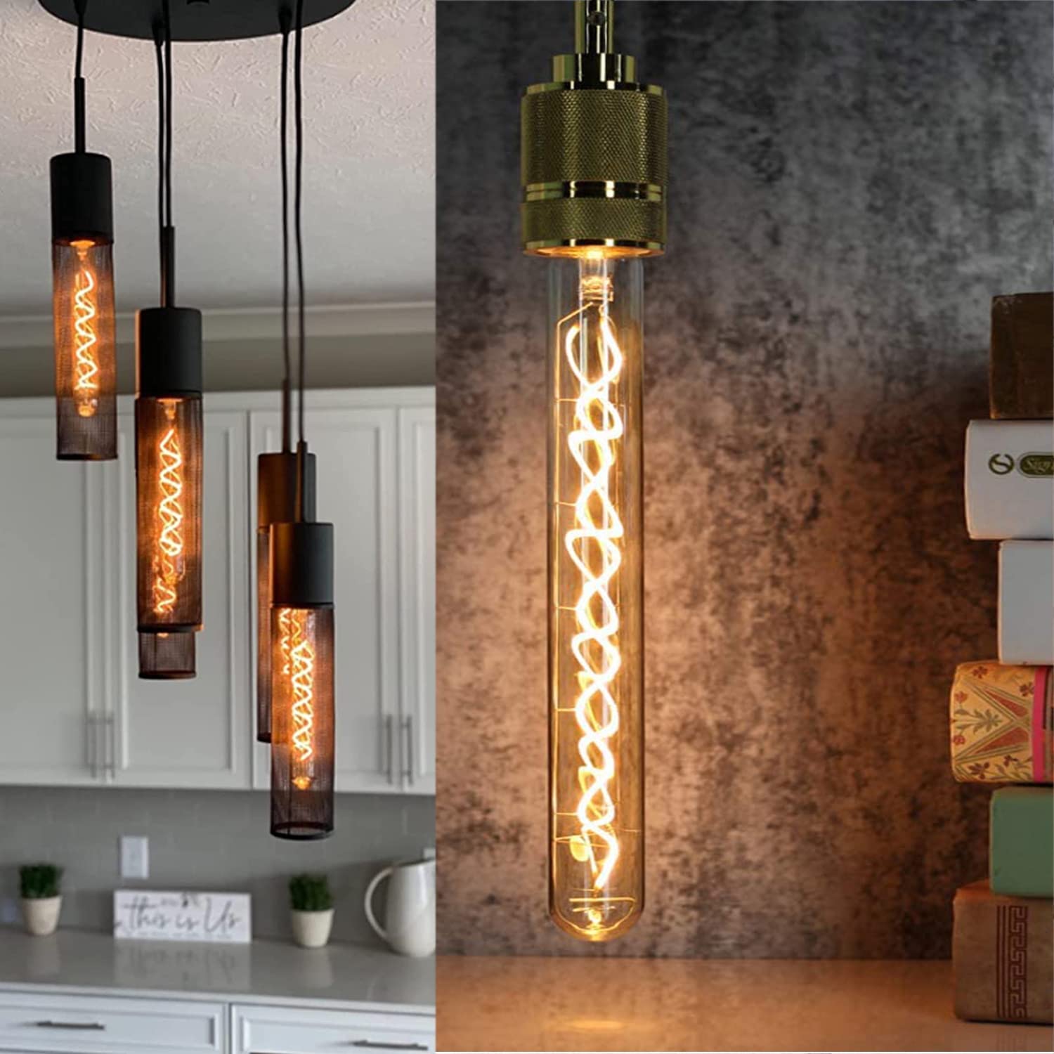 Leools Vintage LED Spiral Filament Bulb T10, Dimmable, E26 Base, Amber Glass, 4 Count, Warm White 2200K, 400LM