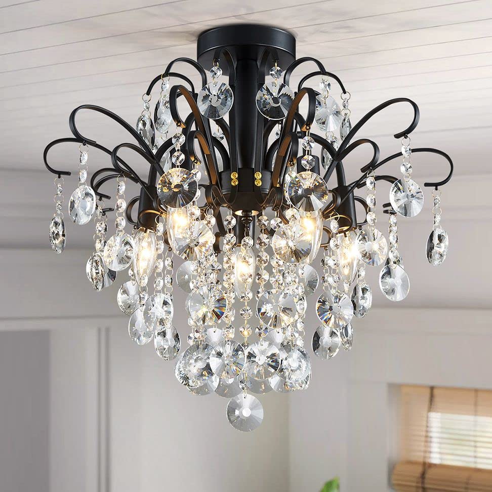 Wuzups Black Crystal Chandelier Flushmount Ceiling Light, 17.5''H X 19.3''W, E12