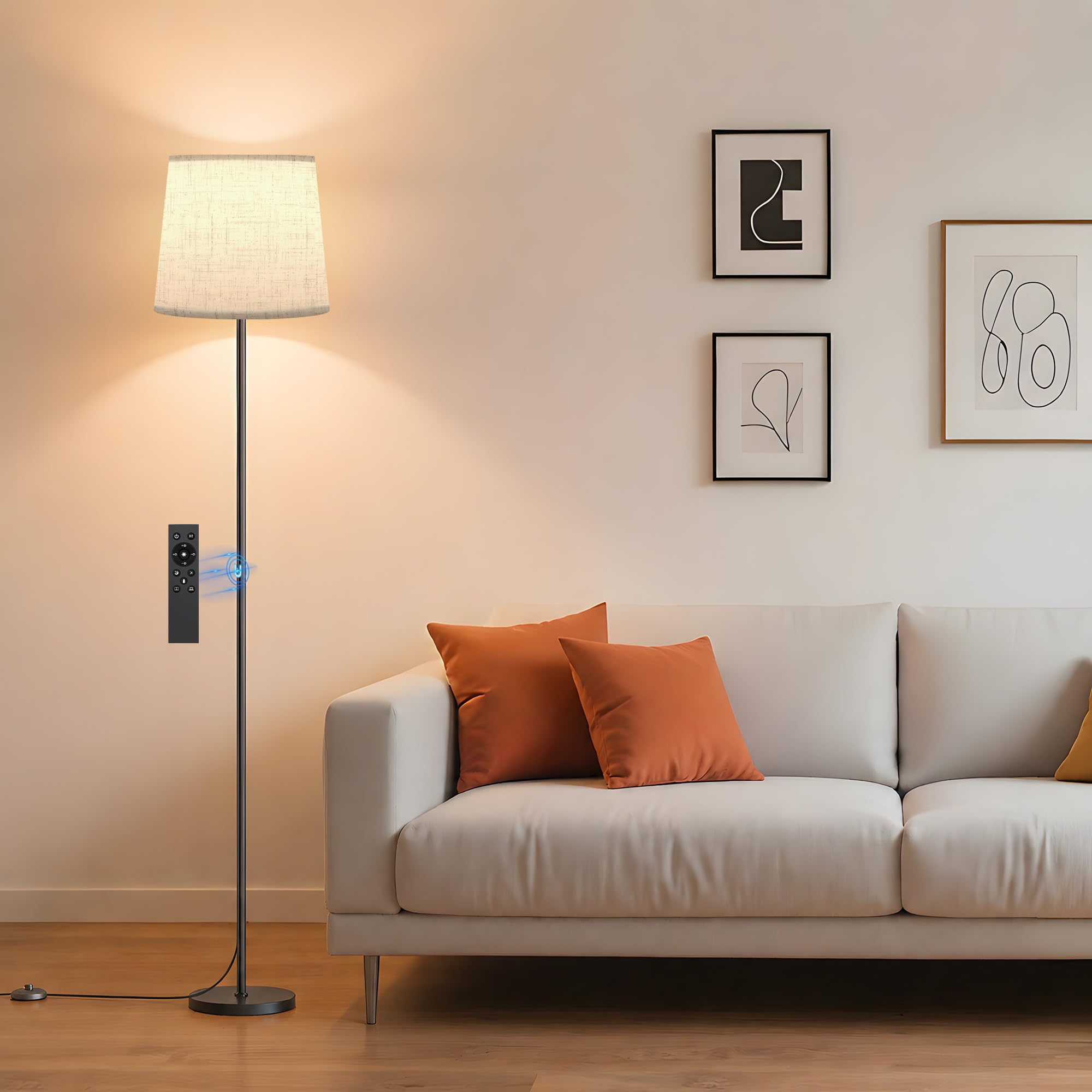 SIBRILLE Floor Lamp with Linen Shade - 62 Dimmable LED Standing Lamp with Remote Control, 9W E26 Bulb Included, 3000-6000K, Mode