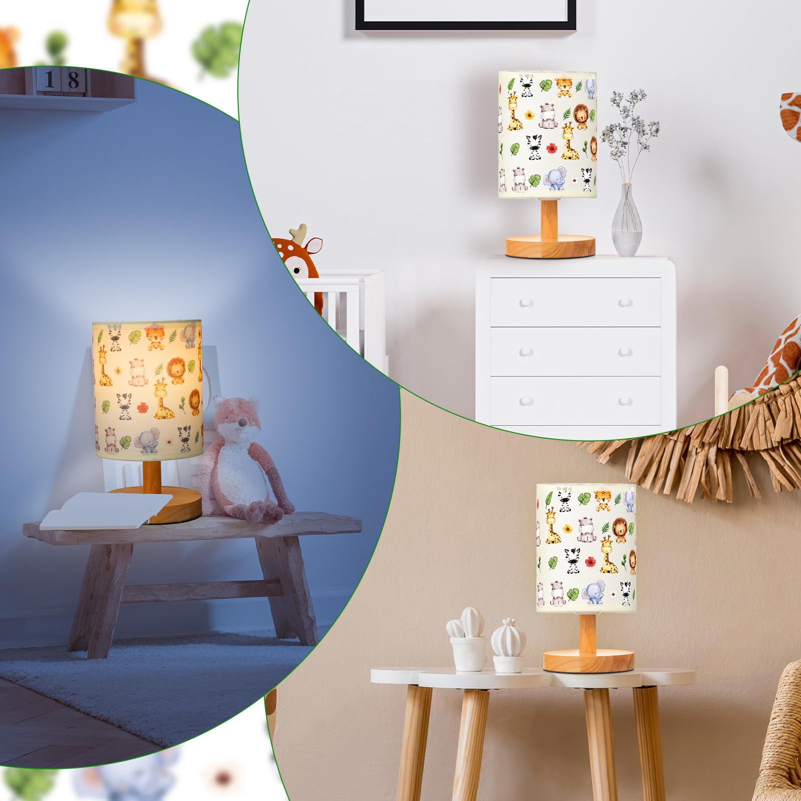 Vihose Safari Animal Table Lamp For Bedroom Kids Bedside Lamp With Linen Wooden Nightstand Lamp Cartoon Nursery Lamp Lampshade F
