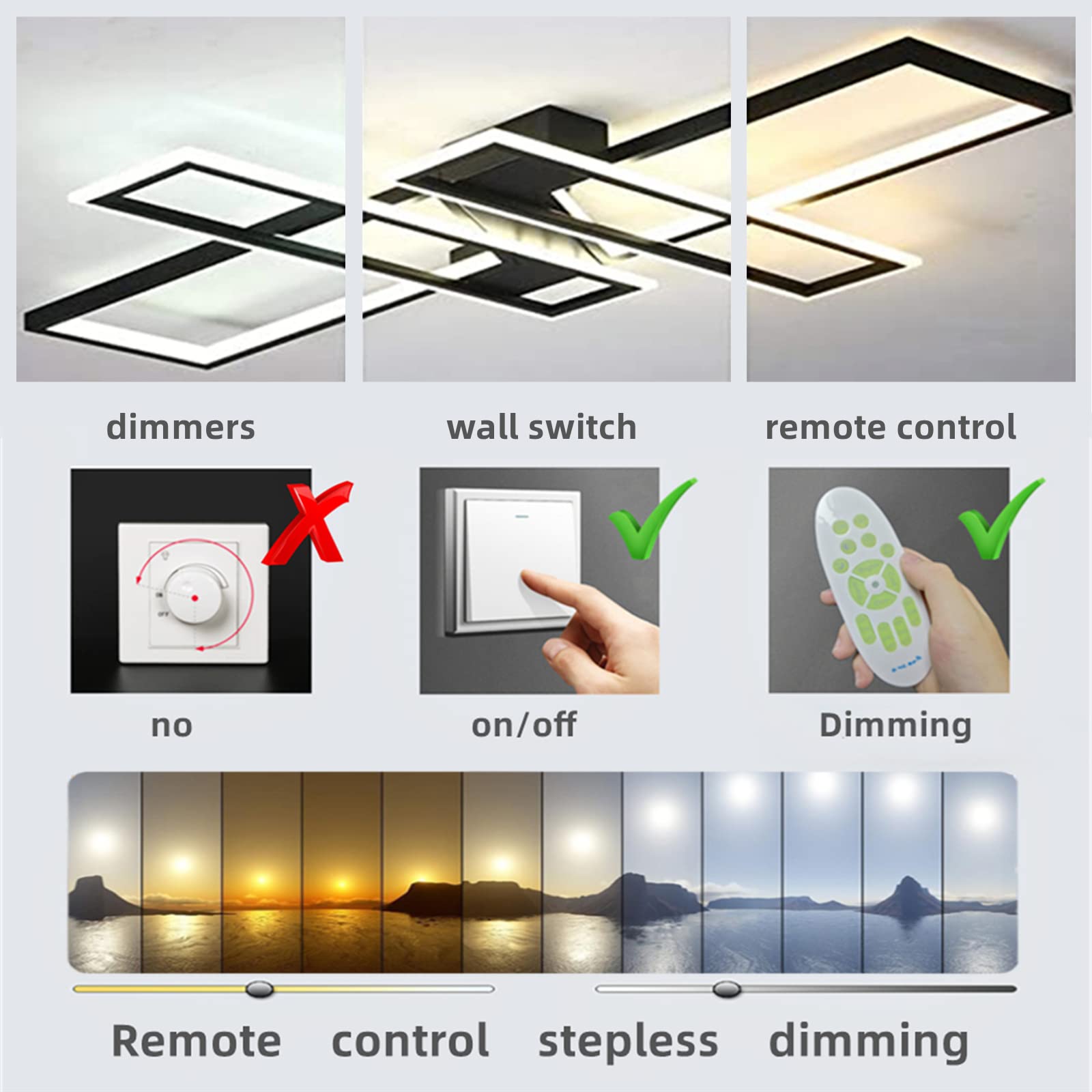 Fbfc 35.4'' Modern Led Ceiling Lights Fixture, 94W Black Dimmable Chandelier, Rectangular, With Remote Control Diningroom Lamp,