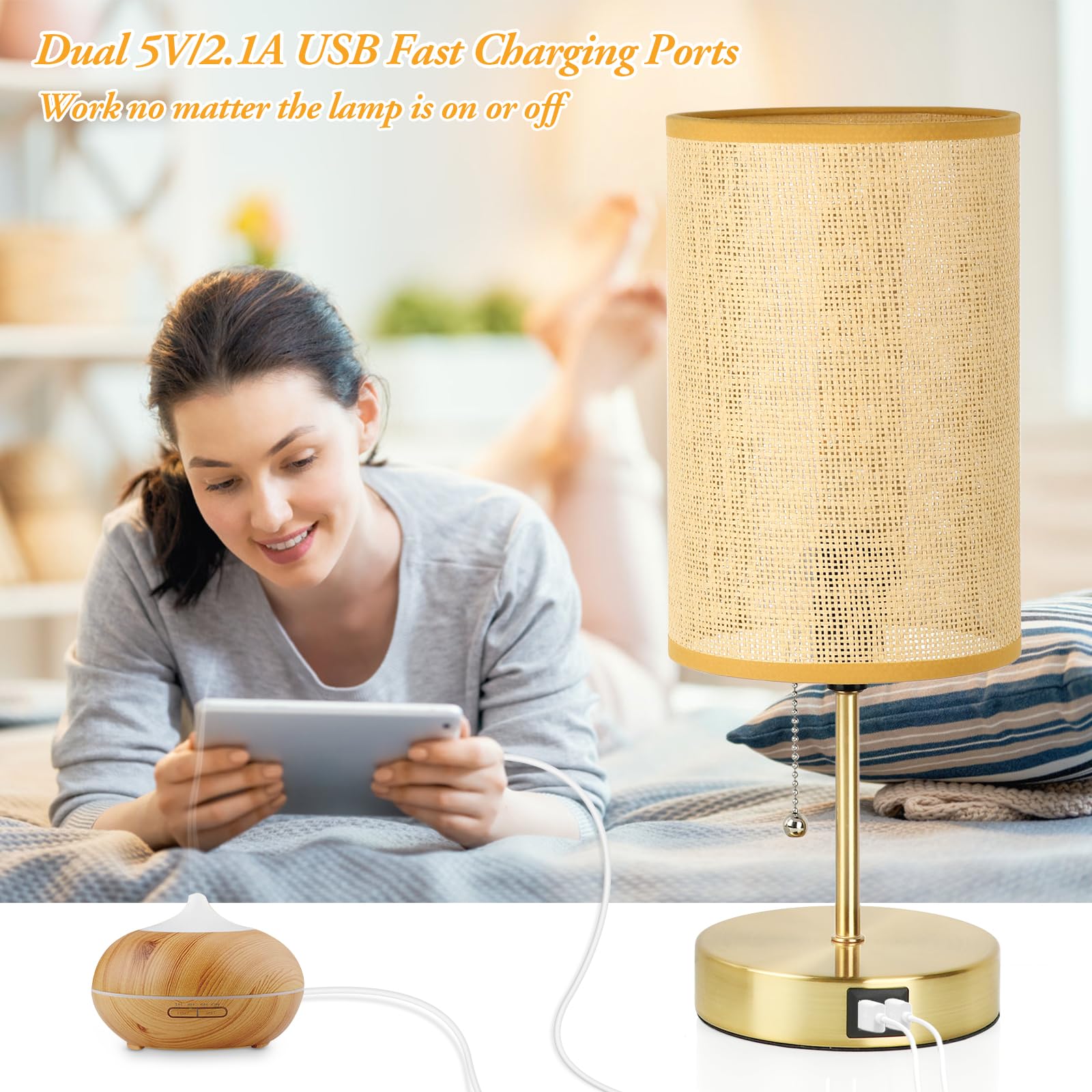 Set Of 2 Table Lamp With 2 Usb, Vintage Bedside Lamps For Bedrooms, Nightstand Lamps With Pull Chain, Bamboo Woven Desk Lamps Wi