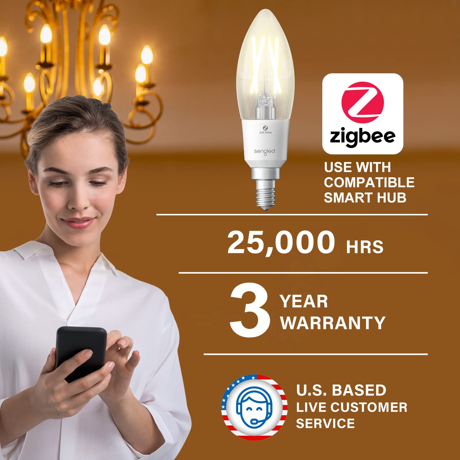 Sengled Zigbee Smart Light Bulbs, Soft White, 4 Count, Candelabra B11, Model E1F-N9GW, Compatible with SmartThings and Echo