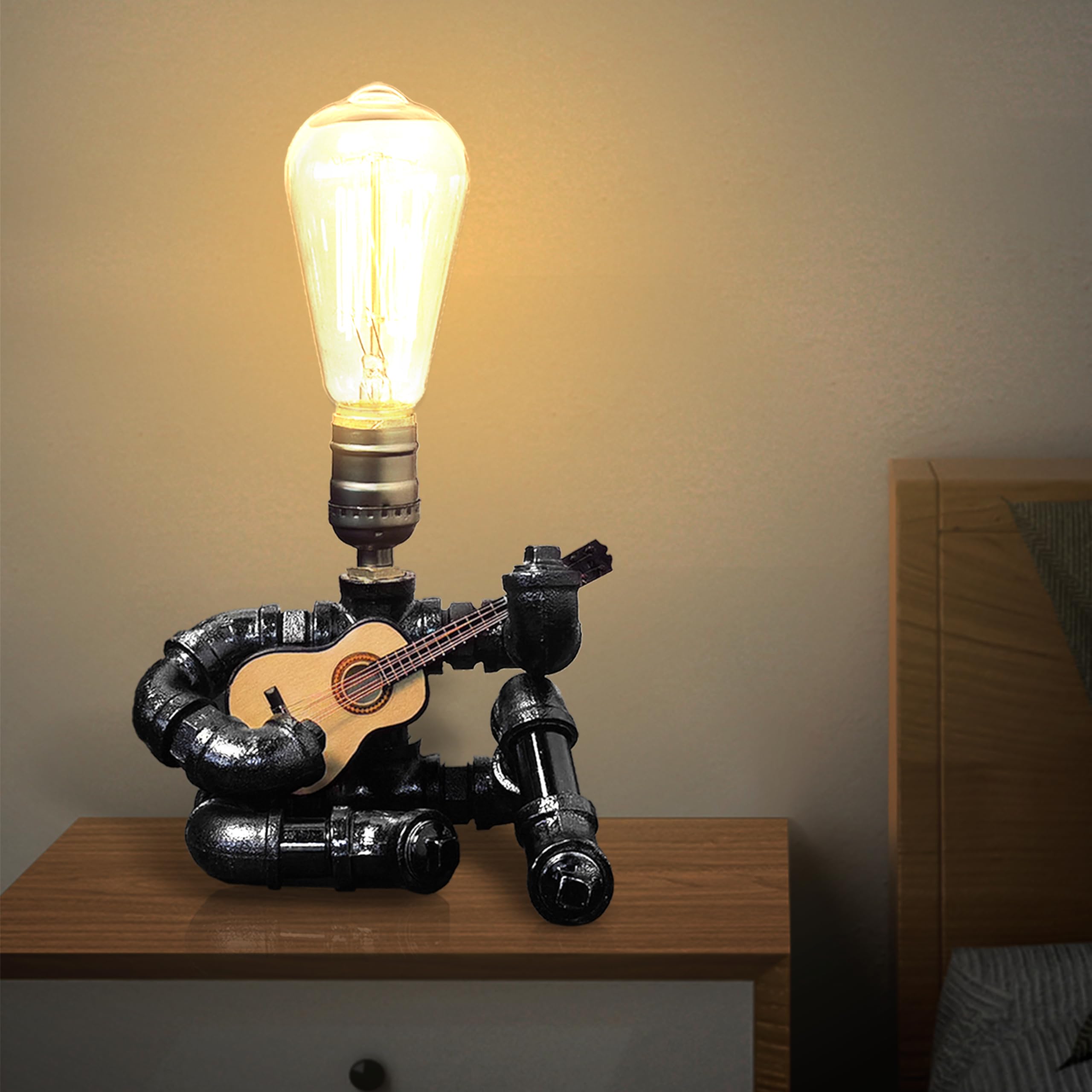 CHXTX Music Table Lamp - Retro Steampunk Edison Bulb, 11*6in Wood Decor for Music Lovers, Metal Guitar Lamp 01