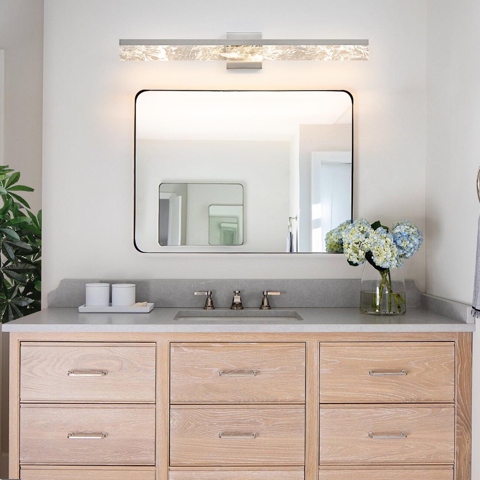 AIJIASI 32 Inch Brushed Nickel Bathroom Vanity Light Fixture, 24W Dimmable LED, Modern Acrylic Over Mirror Lighting, Model 8205WL-32SN-US
