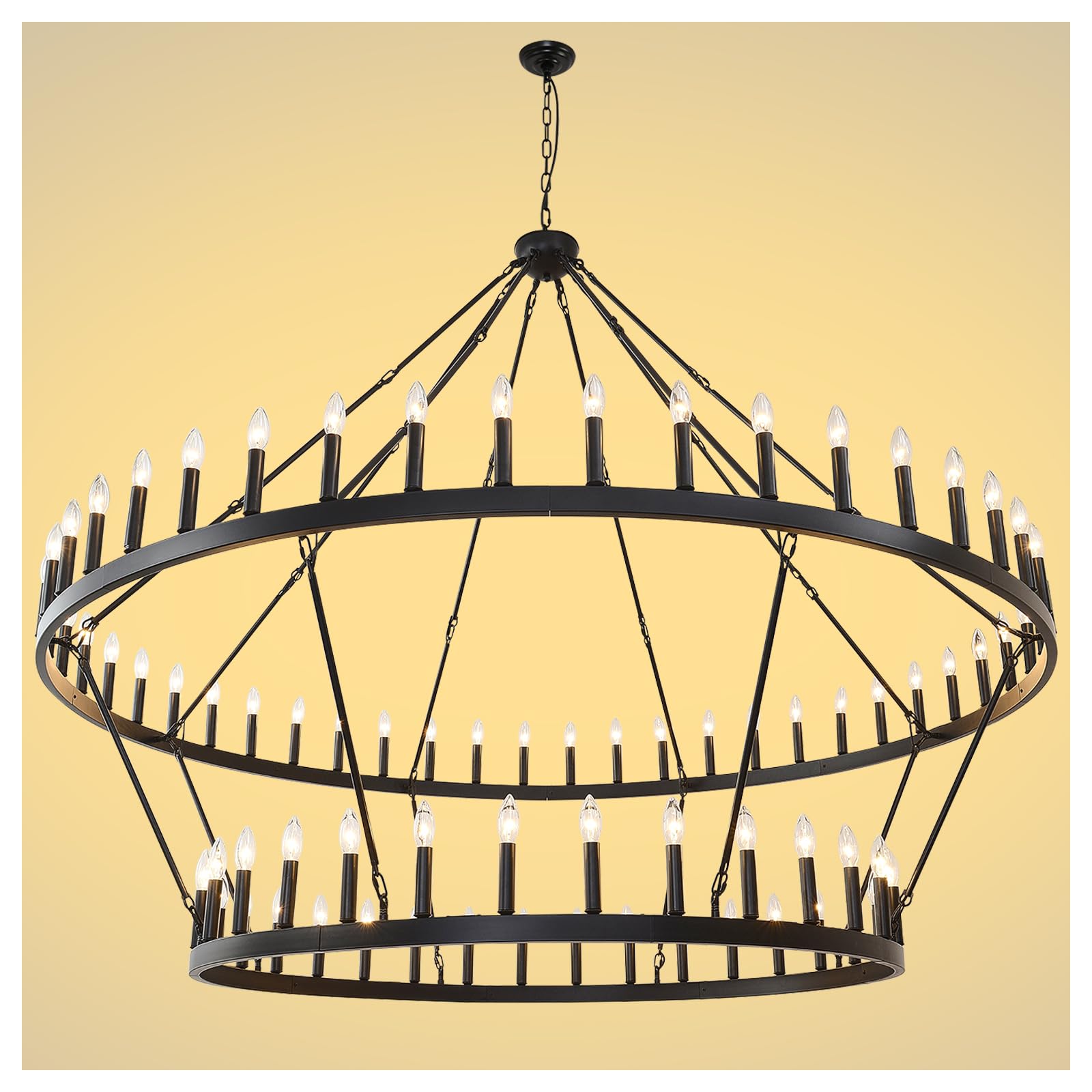 Yikrfiae 2 Tier Black Large Wagon Wheel Chandelier  80-Lights 79 Inch Farmhouse Pendant Light Fixture  Round Rustic Hanging Lighting for Dining Room Kitchen Island Foyer Entryway