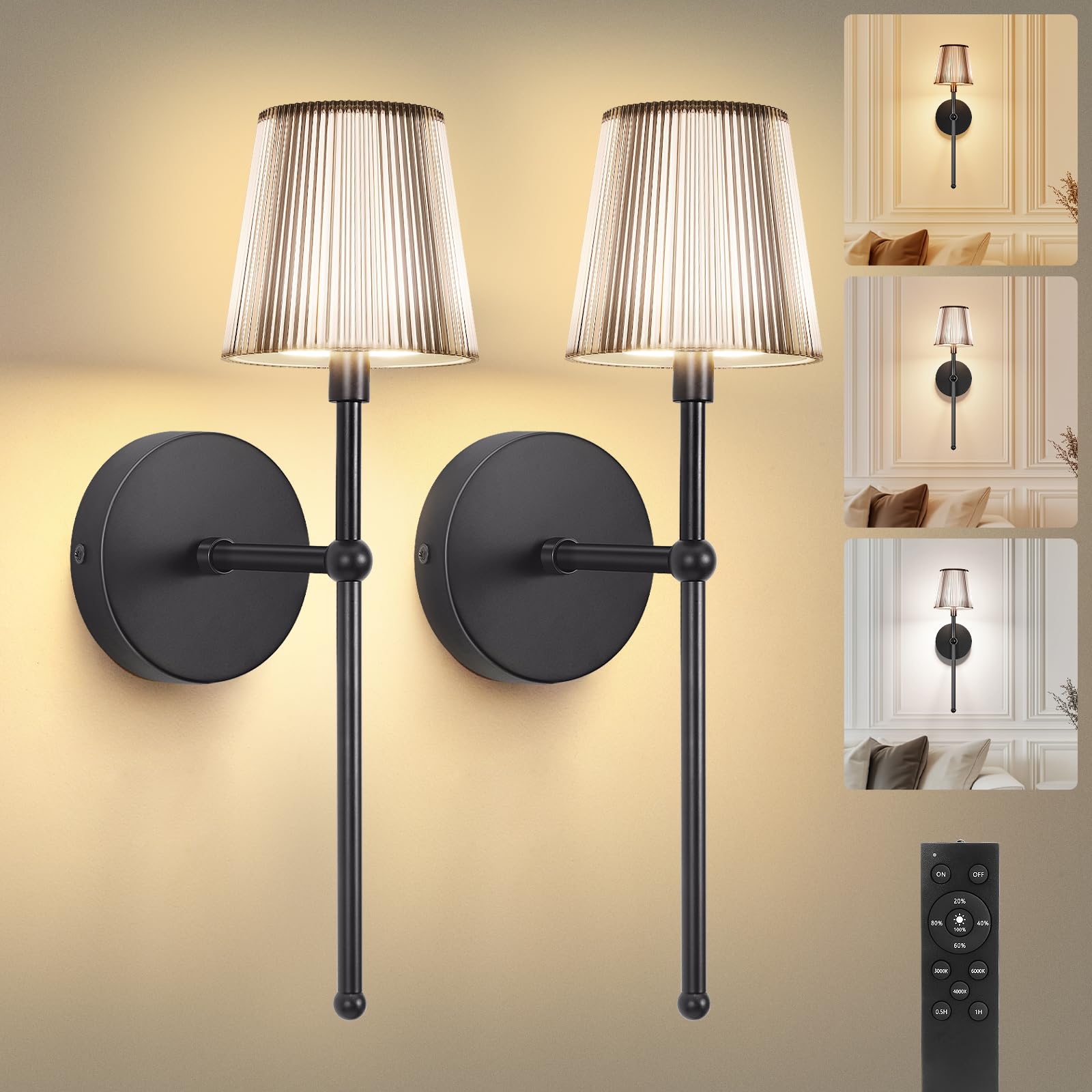 Kimjo Battery Operated Wall Sconce Set of 2, 5200mAh Rechargeable Wireless Wall Sconces Lights with Dimmable Timer Remote, Cordl