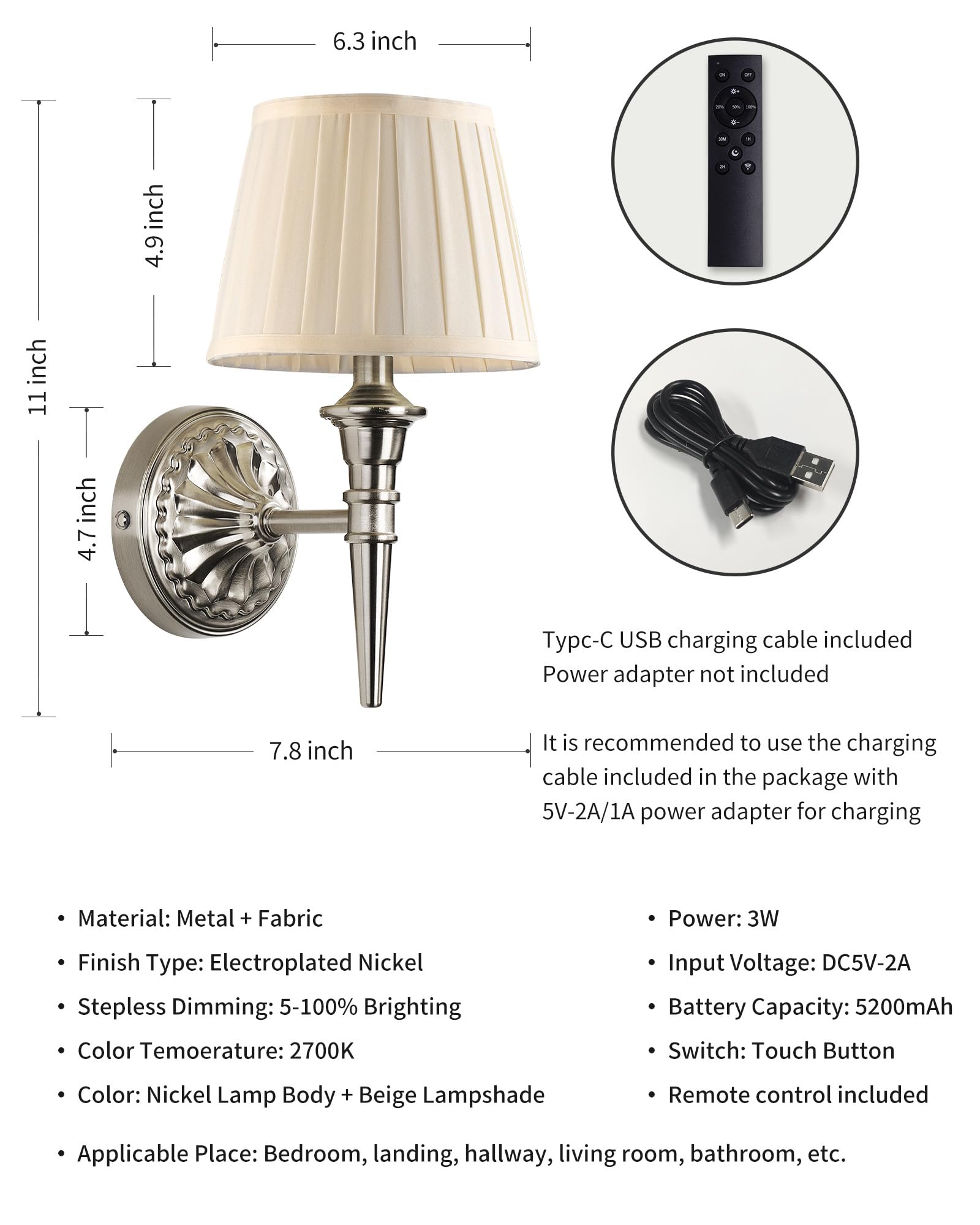 KDG Cordless Wall Sconces Set of 2, Rechargeable LED Lamps, Nickel & Beige, Model AMZ-TBL-035, Ideal for Living Room, Bedroom, Hallway