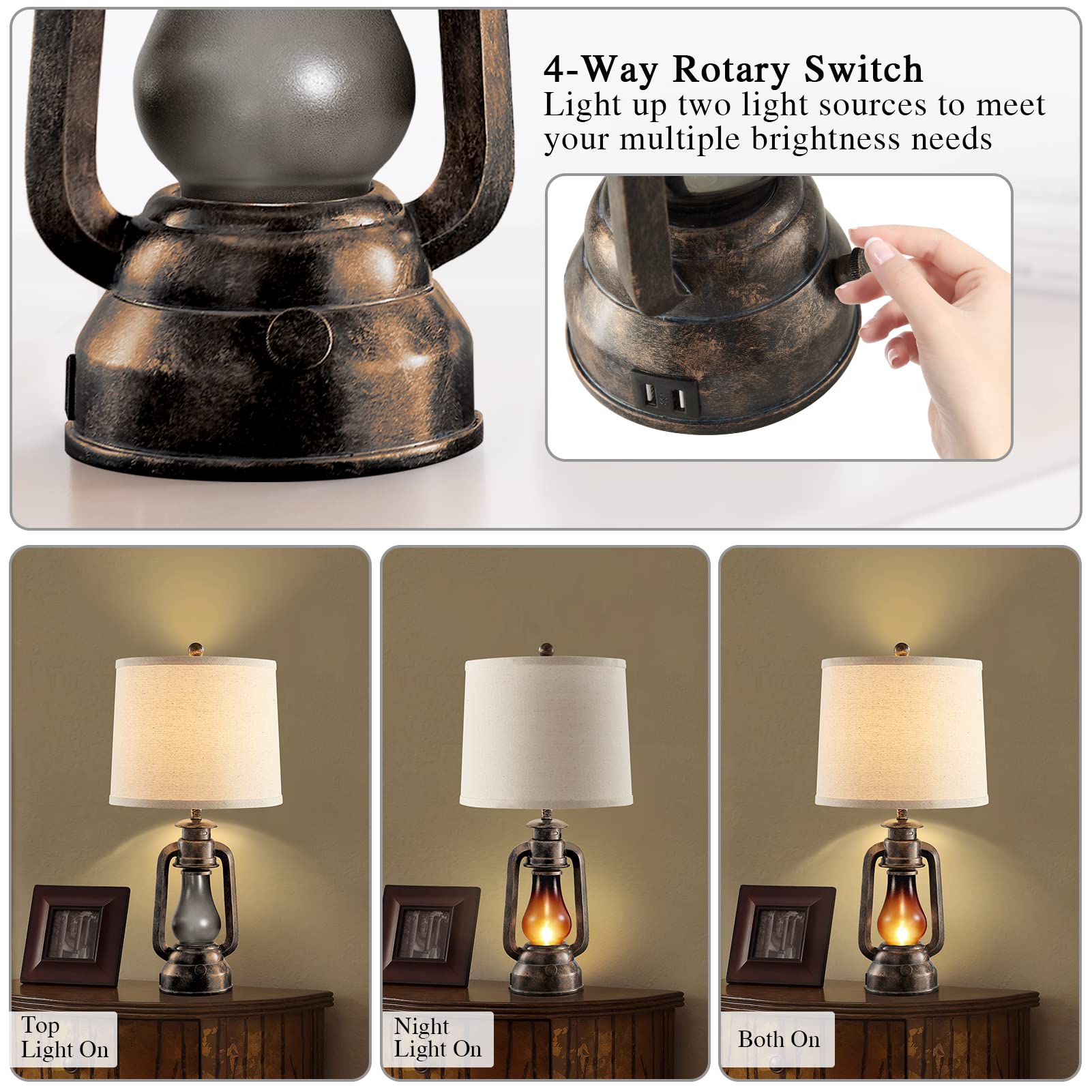 RORIANO Farmhouse Rustic Table Lamps Set of 2, 25" Vintage Lanterns with Dual USB Ports, Bronze, Model RO-8883-FBA