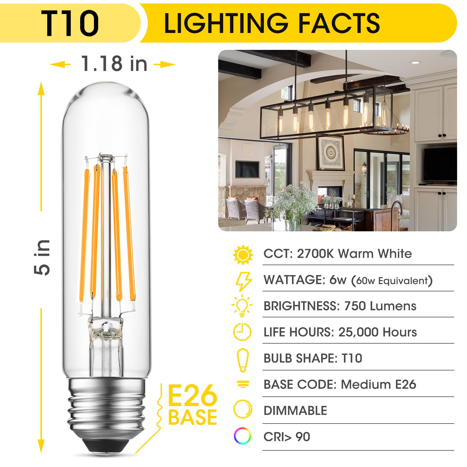 Gozelux Dimmable E26 Led Bulb 6W Equal 60 Watt Warm White 2700K E26 Edison Ac120V 750Lm Tubular T9 T10 Led Light Bulb For Rustic