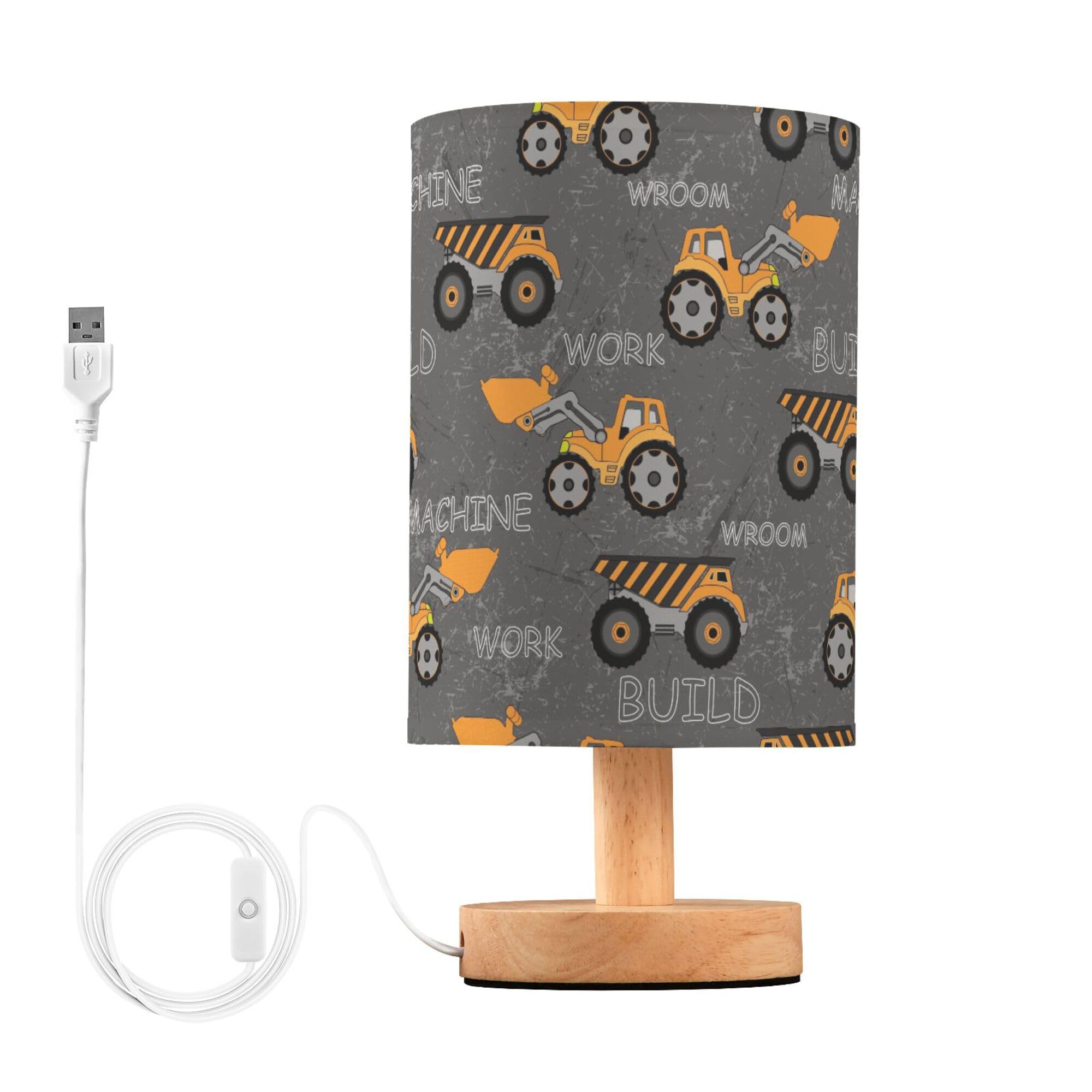YYZZH Table Lamp Construction Car Truck Excavator Nightstand Lamp with Wood Base Fabric Lamp Shade Bedside Desk Lamp for Living 