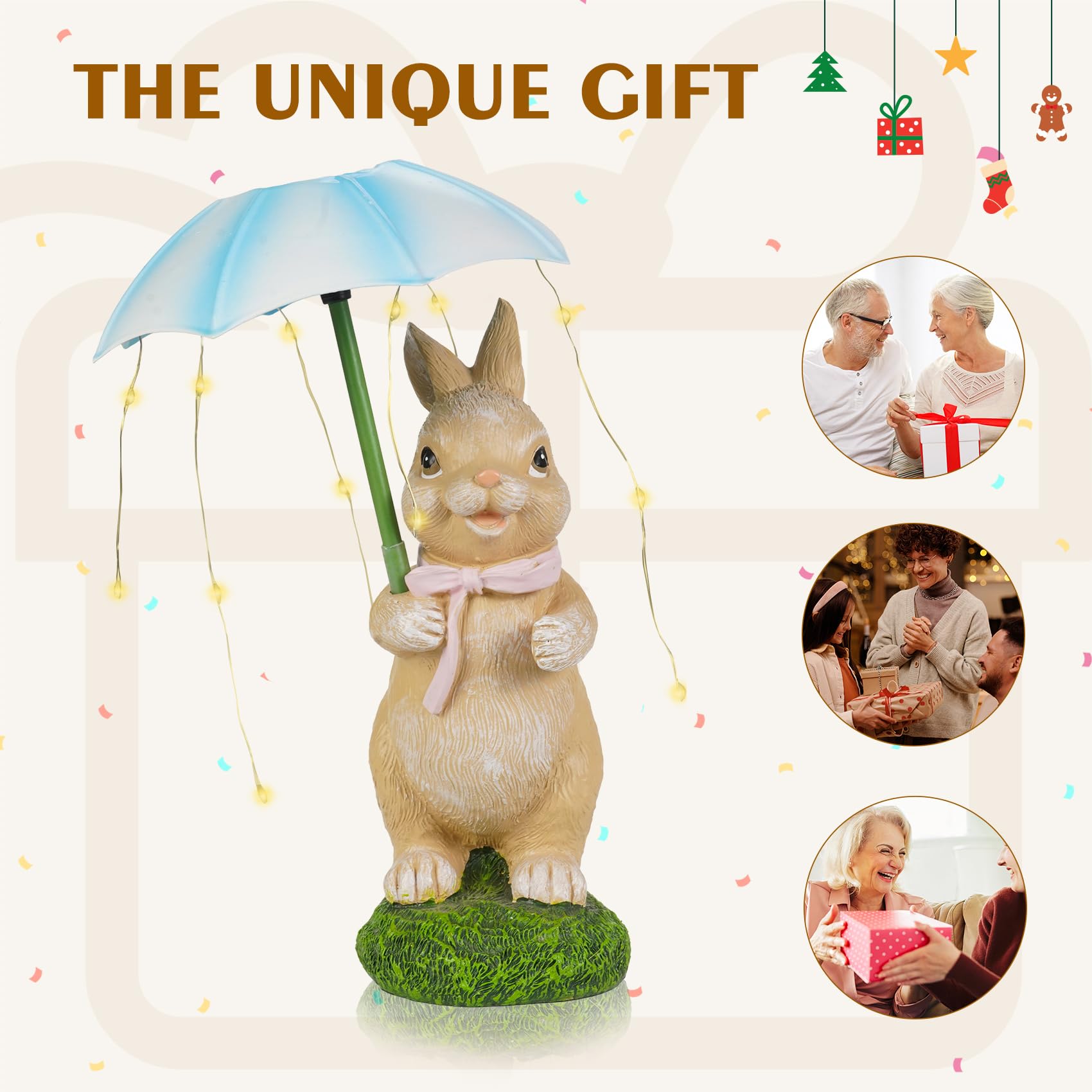 Mininova Solar Garden Statues Outdoor Rabbit Figurine With Umbrella Led String Lights For Outside Yard Decorations Gifts For Bir