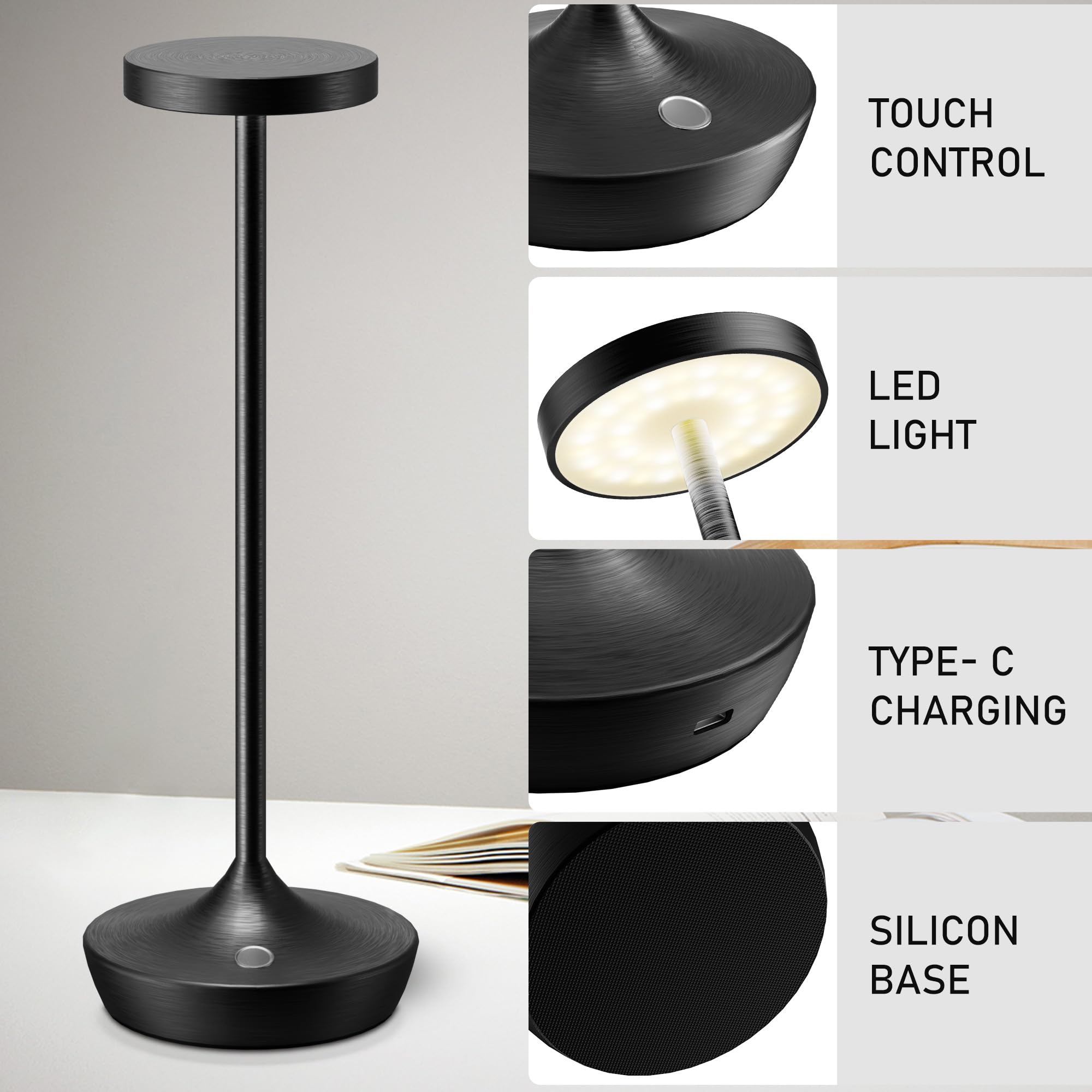 Willdoak Cordless Table Lamp - 6000Mah Rechargeable Led, Dimmable, Waterproof, 2 Black