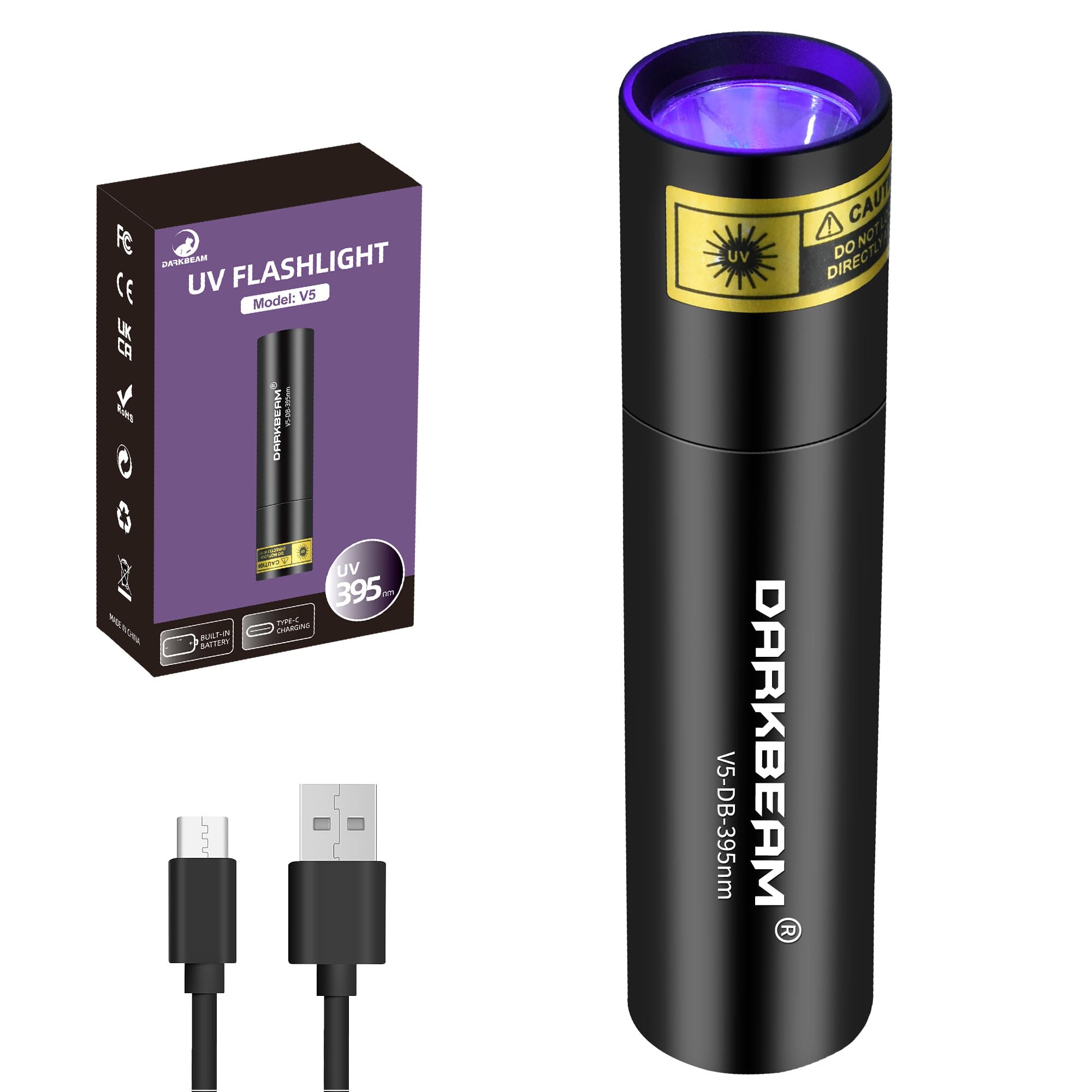 DARKBEAM UV Flashlight 395nm Light Blacklight, Mini But Powerful Woods Lamp USB-C Rechargeable, LED Ultraviolet Flashlights Pock