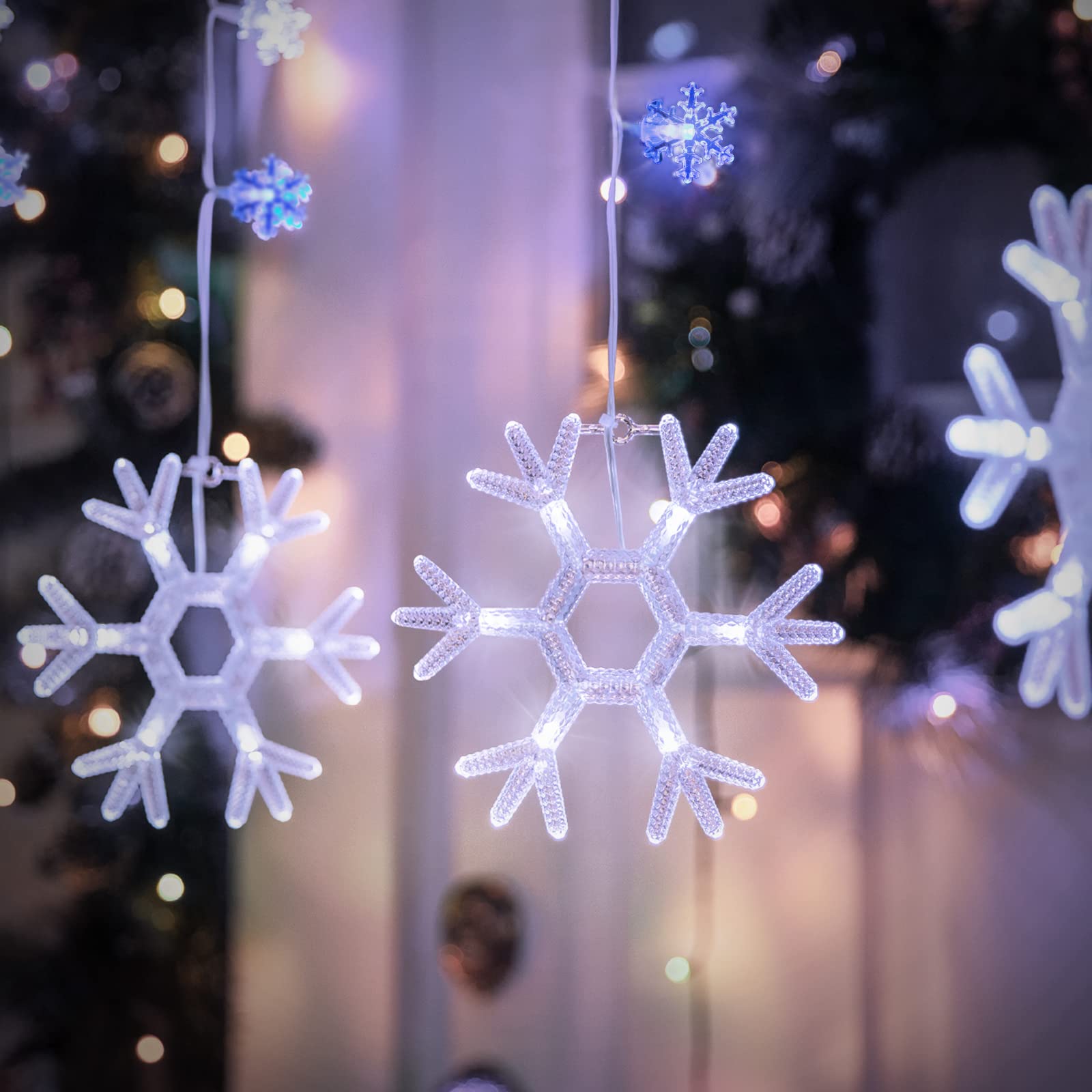 Minetom Christmas Snowflake Icicle Lights Outdoor - Plug-in 7ft 7 Drops 80LED Snowflake Lights, Connectable for Outdoor Porch Ea