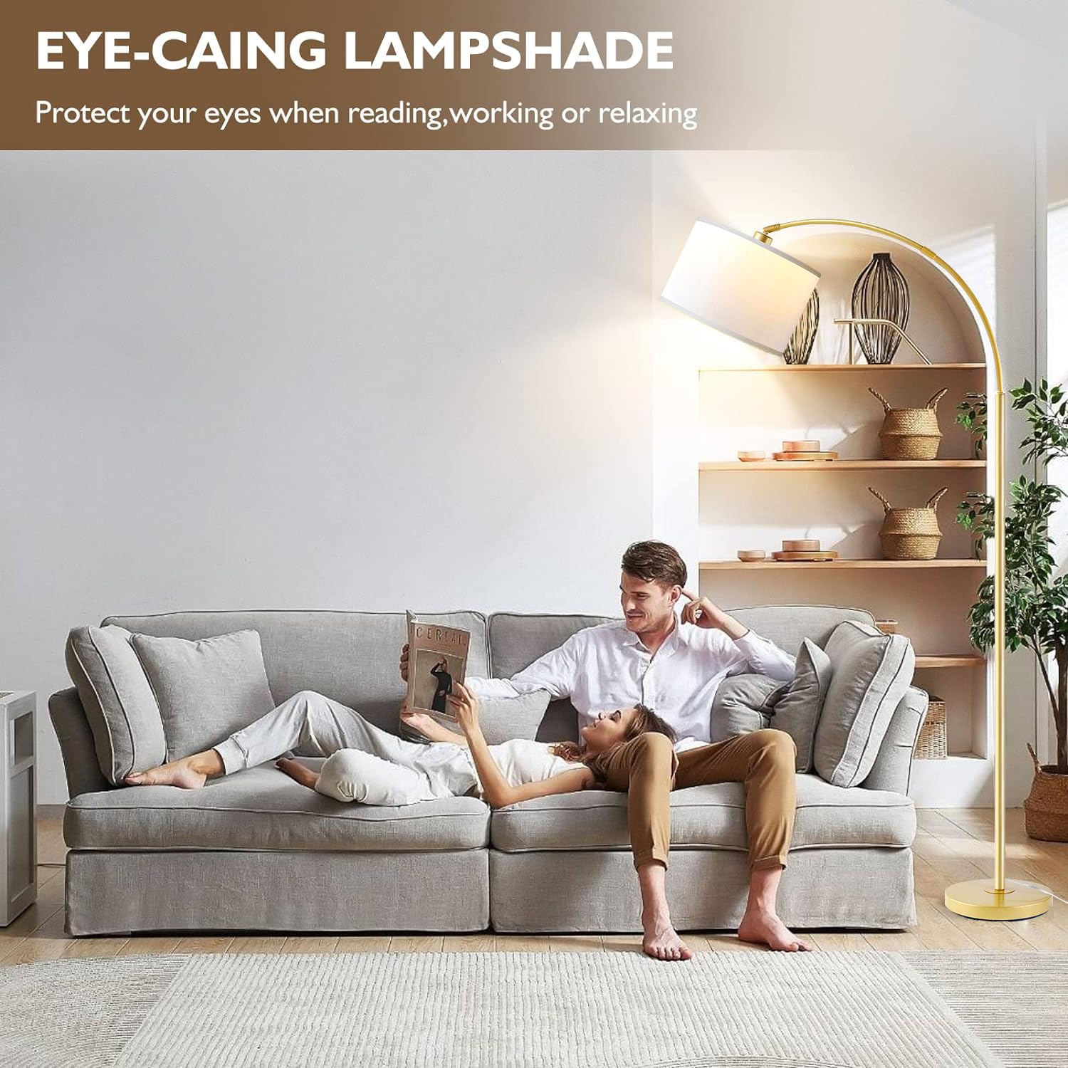 Arc Floor Lamps For Living Room, Modern Remote Control Standing Flamp With Stepless Dimmable, Gold Tall Lamp With White Drum Sha