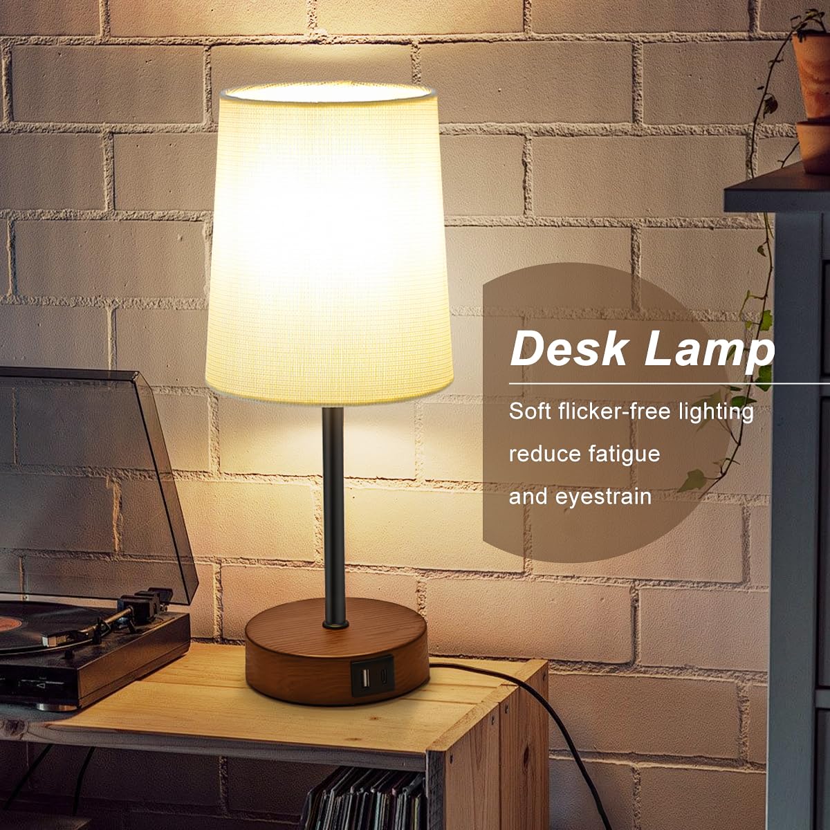 Luxebeam Modern Usb & Type-C Bedside Lamp With Touch Control, Dimmable Table Lamp With White Fabric Shade Enhanced With Gold Thr