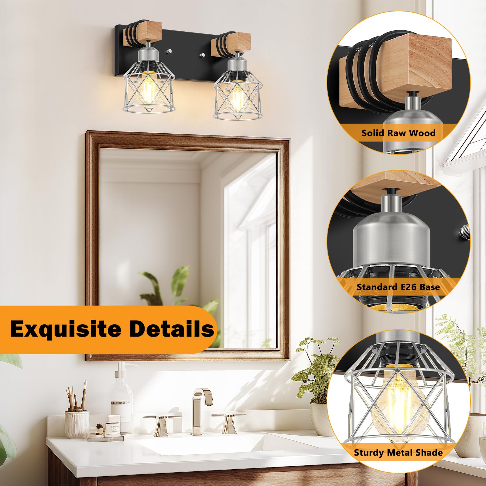 FadimiKoo Rustic 2-Light Bathroom Vanity Fixtures, Black & Silver Metal Shade, Wood & Metal, Model BS-XLZ-2 Lights