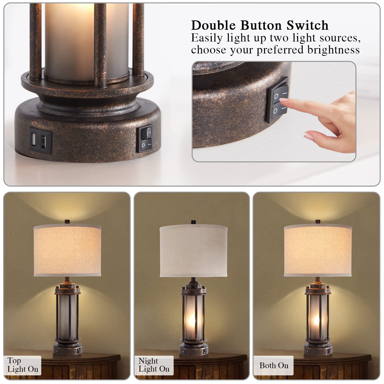 AIEAMPDO Rustic Table Lamps Set of 2, Vintage Light Green Glass, 2 USB Ports, Antique Metal, Model AI-8896