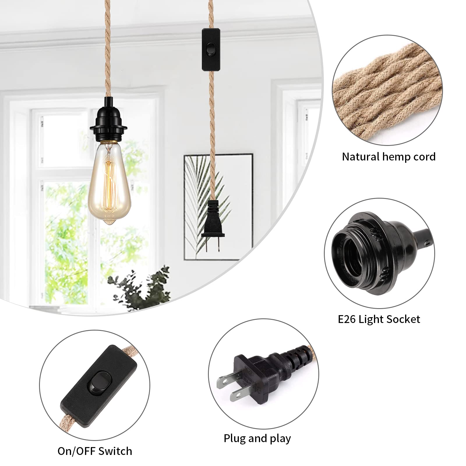 FRIDEKO HOME Industrial 15ft Pendant Light Kit, Vintage Fabric & Hemp Rope, E26/E27 Socket, Brown, 1 Pack, Model METLL121-077-01-US