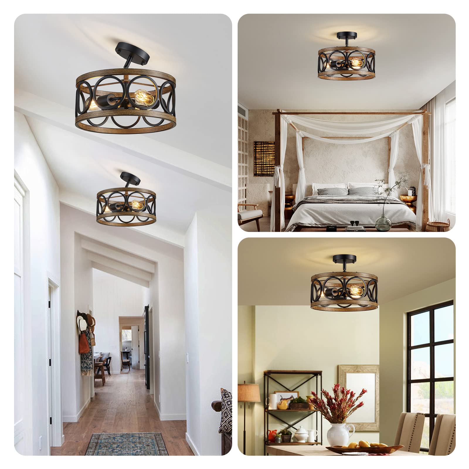 Xingqi Semi Flush Mount Ceiling Light Fixture Modern 3-Light Farmhouse Ceiling Lights For Bedroom Living Room Dining Room Entry Hallway Foyer 13" Black And Wood Grain Finish