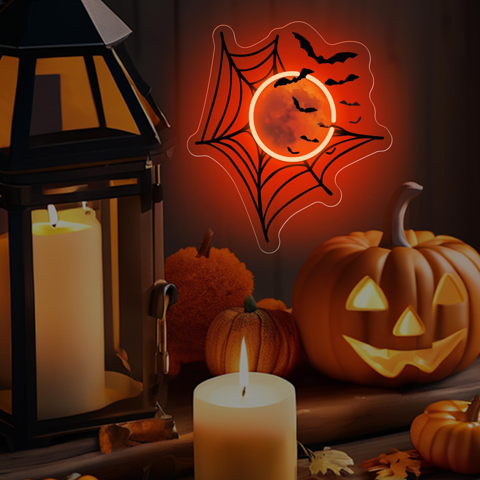 Spider Web Moon And Bats Corner Decor  Halloween Neon Sign  Fireplace Decor  Gift For Family  Spooky Wall Decoration  13.8X12.6