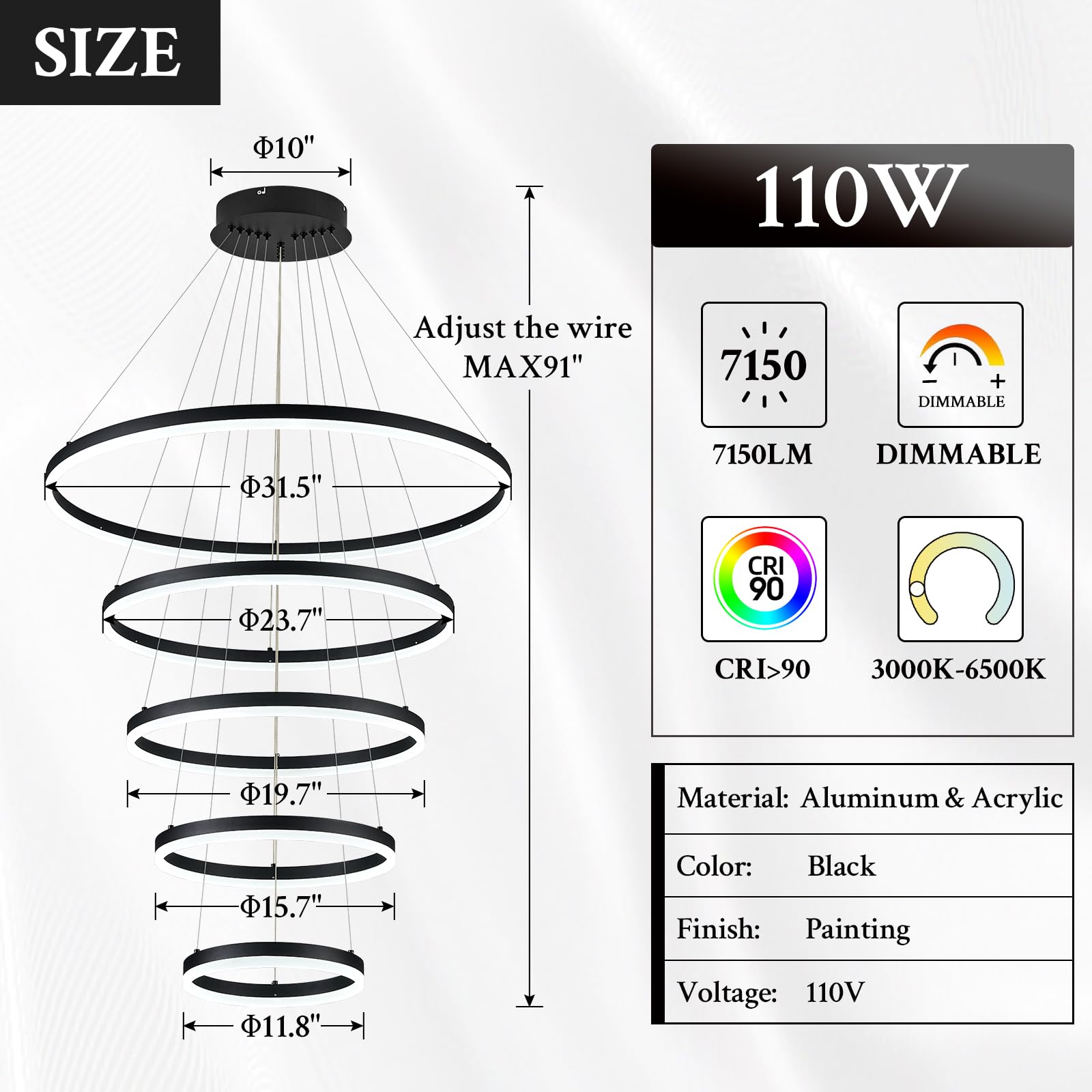 Sparklelf Modern LED Chandelier, 5-Rings 31.5in, Dimmable Black Aluminum, Remote Control, 3000K-6500K, Model SE-P60-
