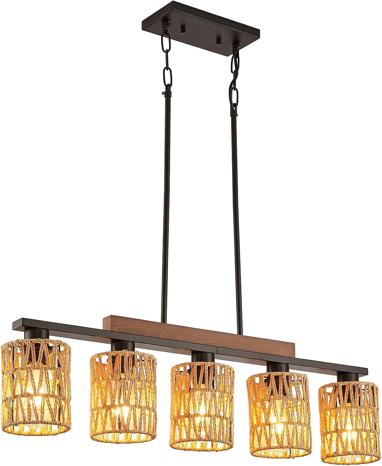 Feohak Boho Dining Room Light Fixture, 5-Light Rattan Chandelier, Farmhouse Woven Large Coastal Wicker Wood Bamboo Bohemian Rust