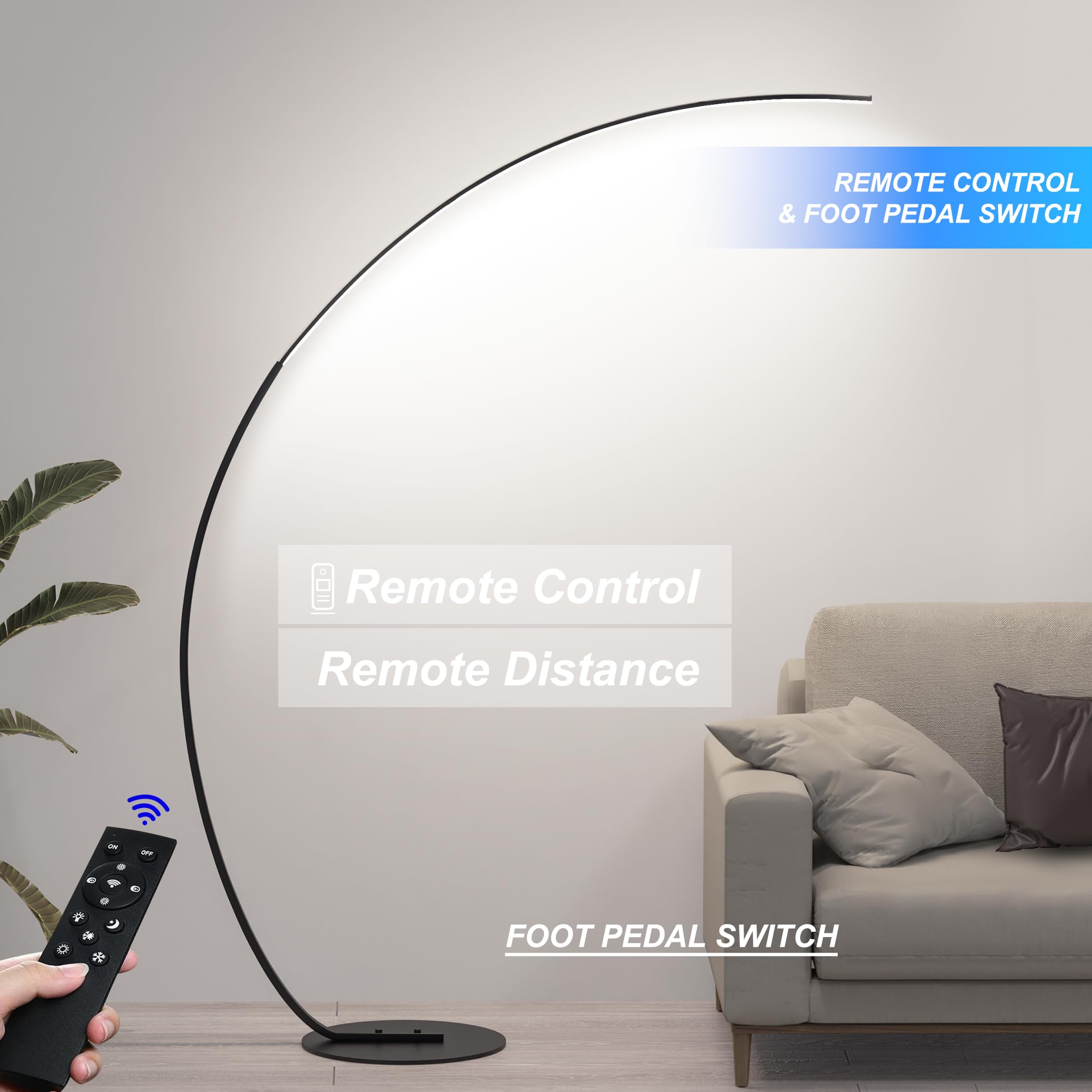 Adjustable White Light Modern 69.99 Inch Arched Standing Reading Floor Lamp With Remote - Dimmable Black Led Curved Light For Be