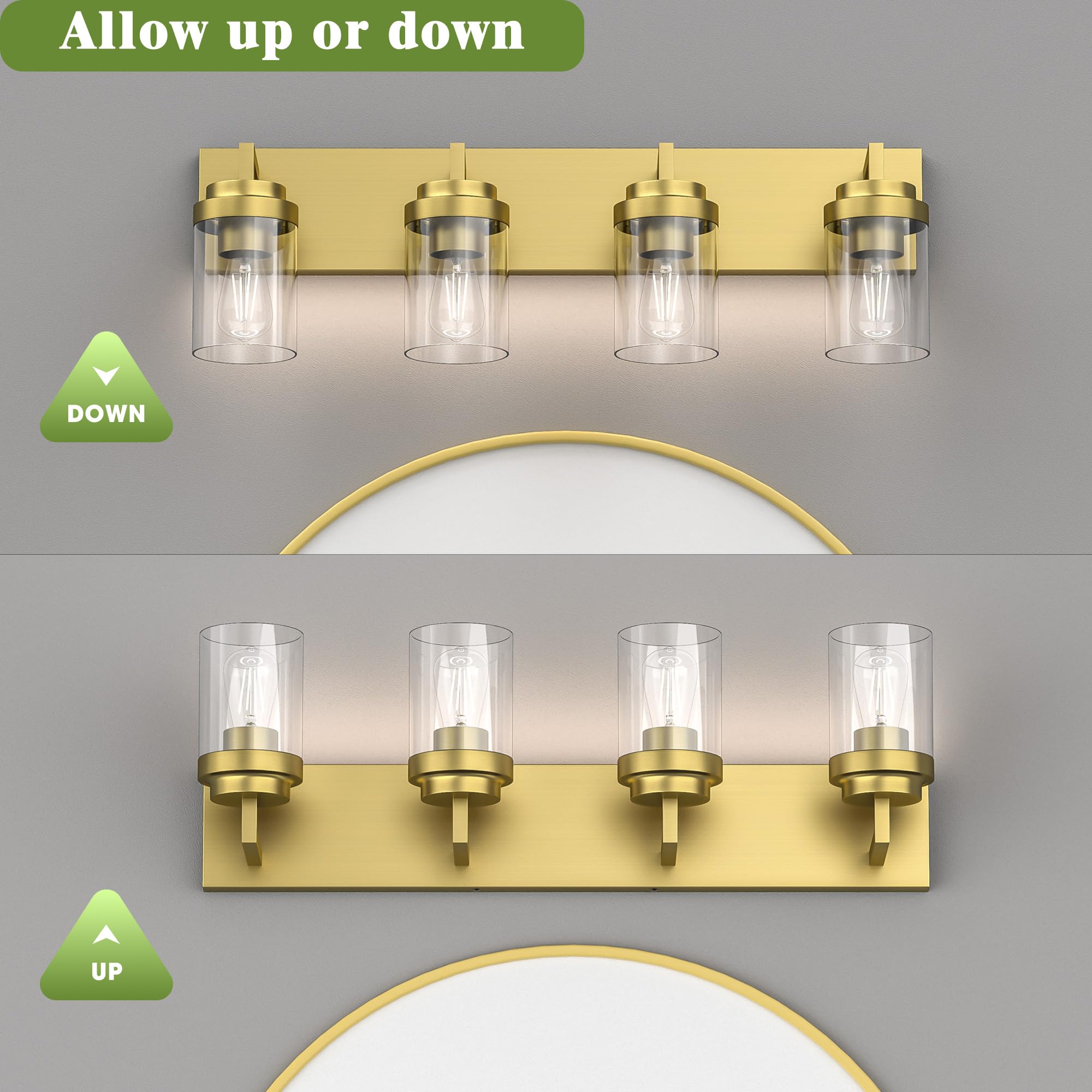 Espird Bathroom Vanity Light, 4-Light Brass Fixture with Glass Shades, Model L08-4-TONG