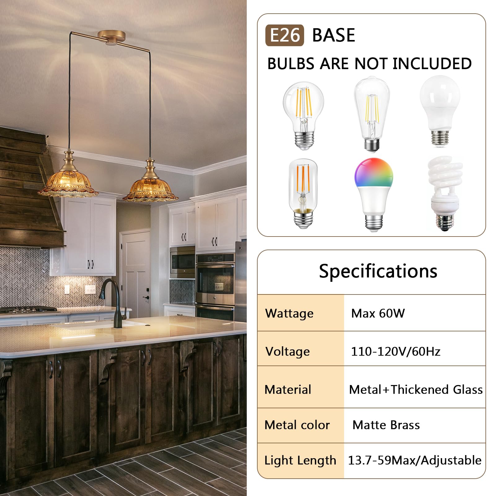 HDDFL Vintage 2 Light Pendant Light Fixture, Amber & Brass, Metal, Adjustable Cord for Kitchen Island & Dining Room, Model SS87M-2CC
