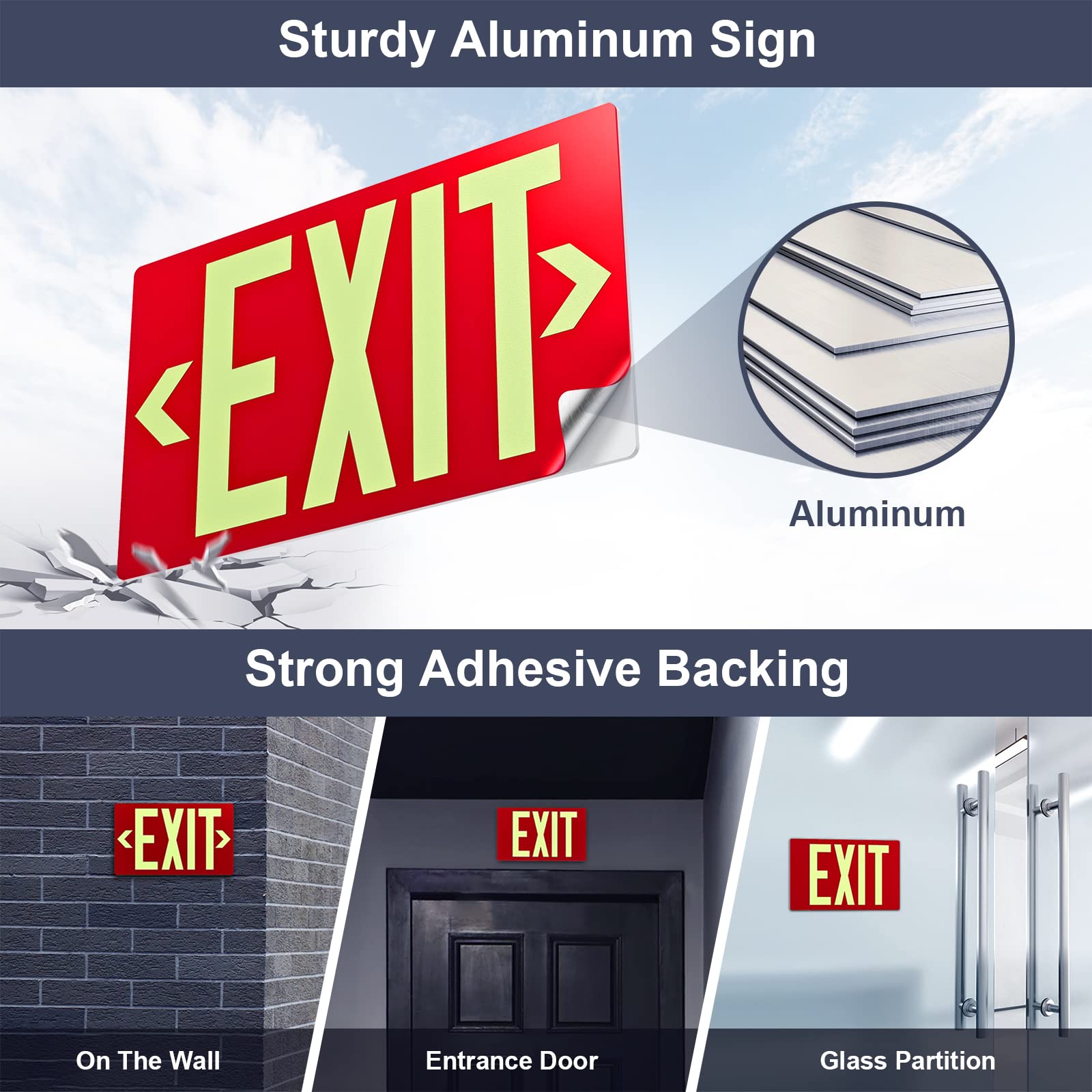 Photoluminescent Exit Sign Aluminum - Adhesive Backing Glow In The Dark - Removable Arrows Included - 12X7 Inches - Non Electrical Red Exit Light For 50 Feet Visibility (1 Pack)