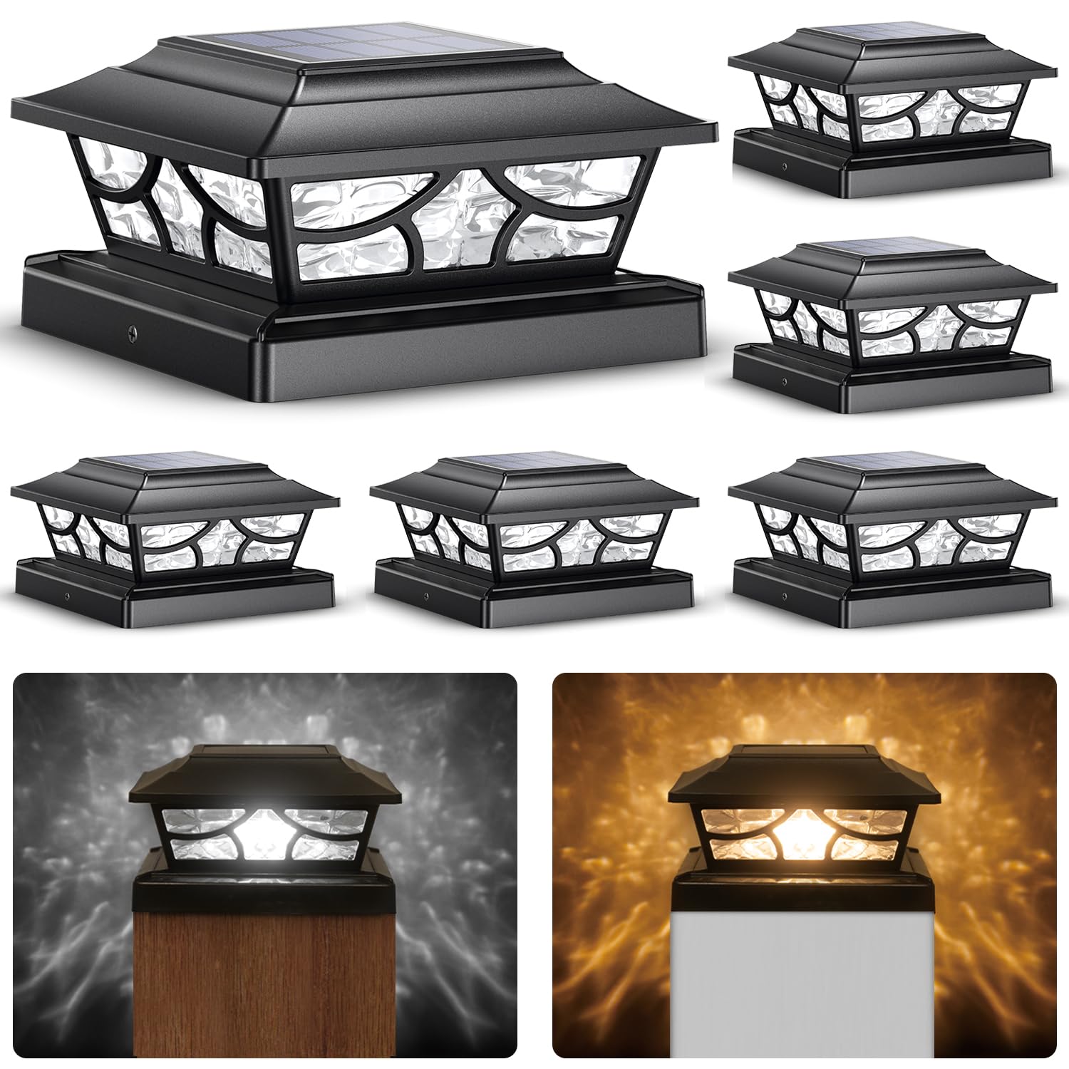 SIEDiNLAR Solar Post Lights 4 Modes for 4x4 5x5 6x6 Posts, Black, 6 Pack, Model SD0117B-6PK,