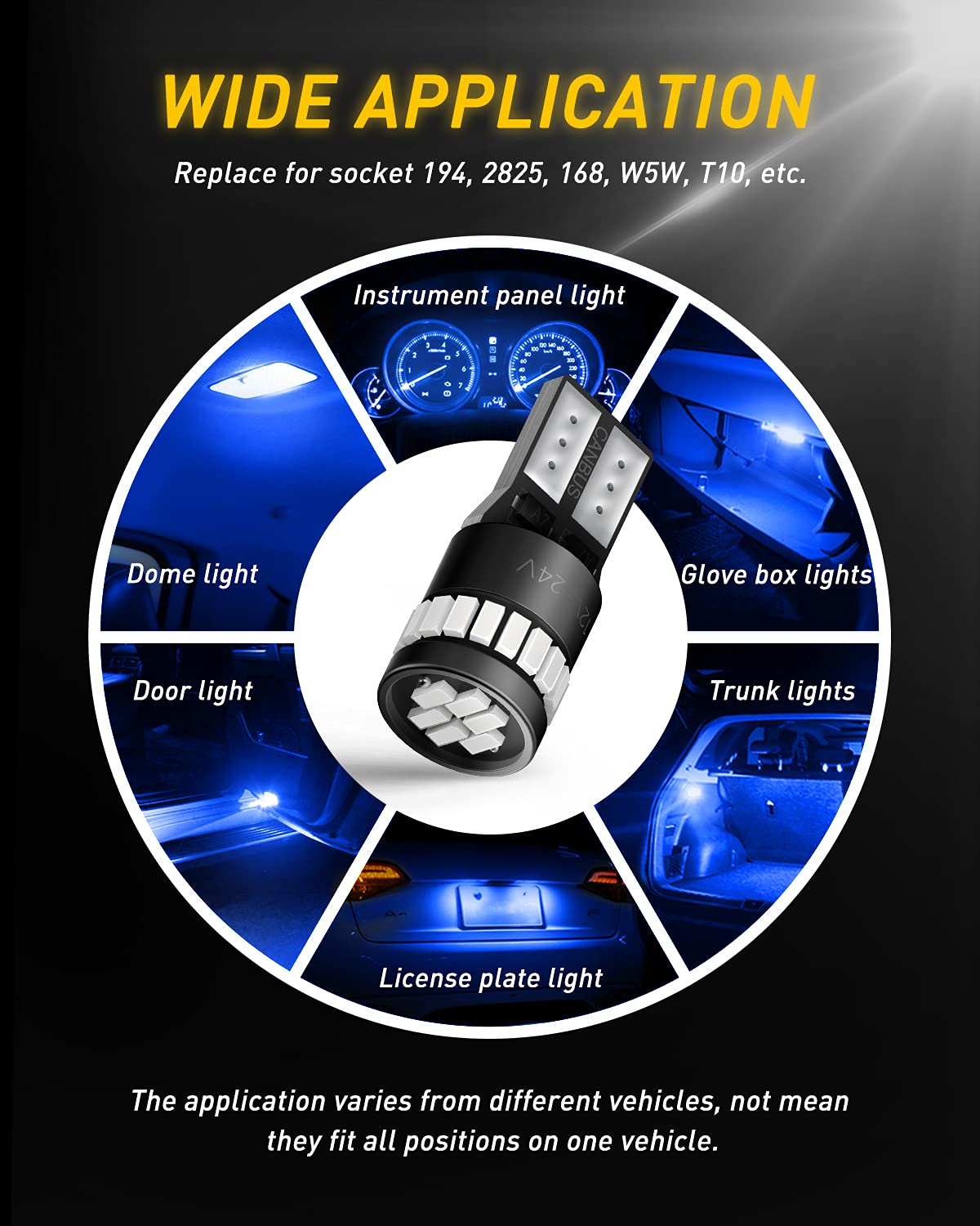 AUXITO 194 LED Light Bulb T10 Wedge 24-SMD Chipsets Pack of 10 Blue
