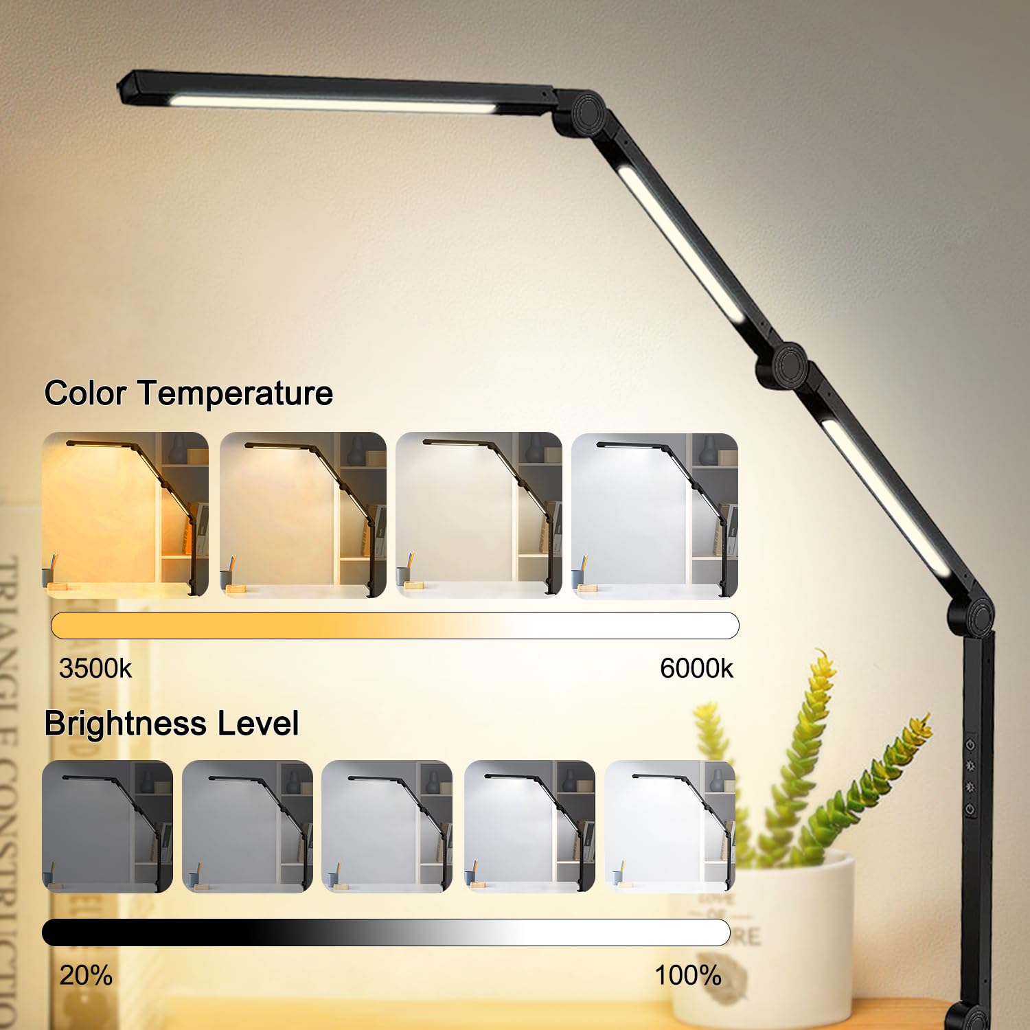 vimeepro LED Desk Lamp with Clamp, 4 Sections Swing Arm, 3 Light Sources, 4 Color Modes, 5 Brightness Levels, Black, Model vimeepro-TD